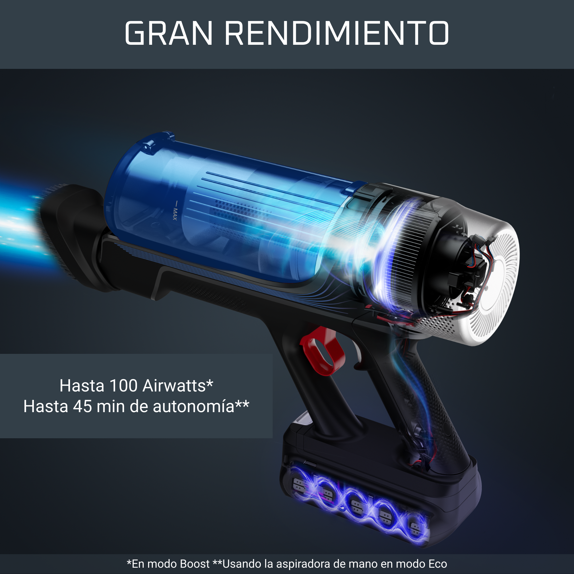 Aspiradora negra y azul con partes transparentes y una base azul brillante.