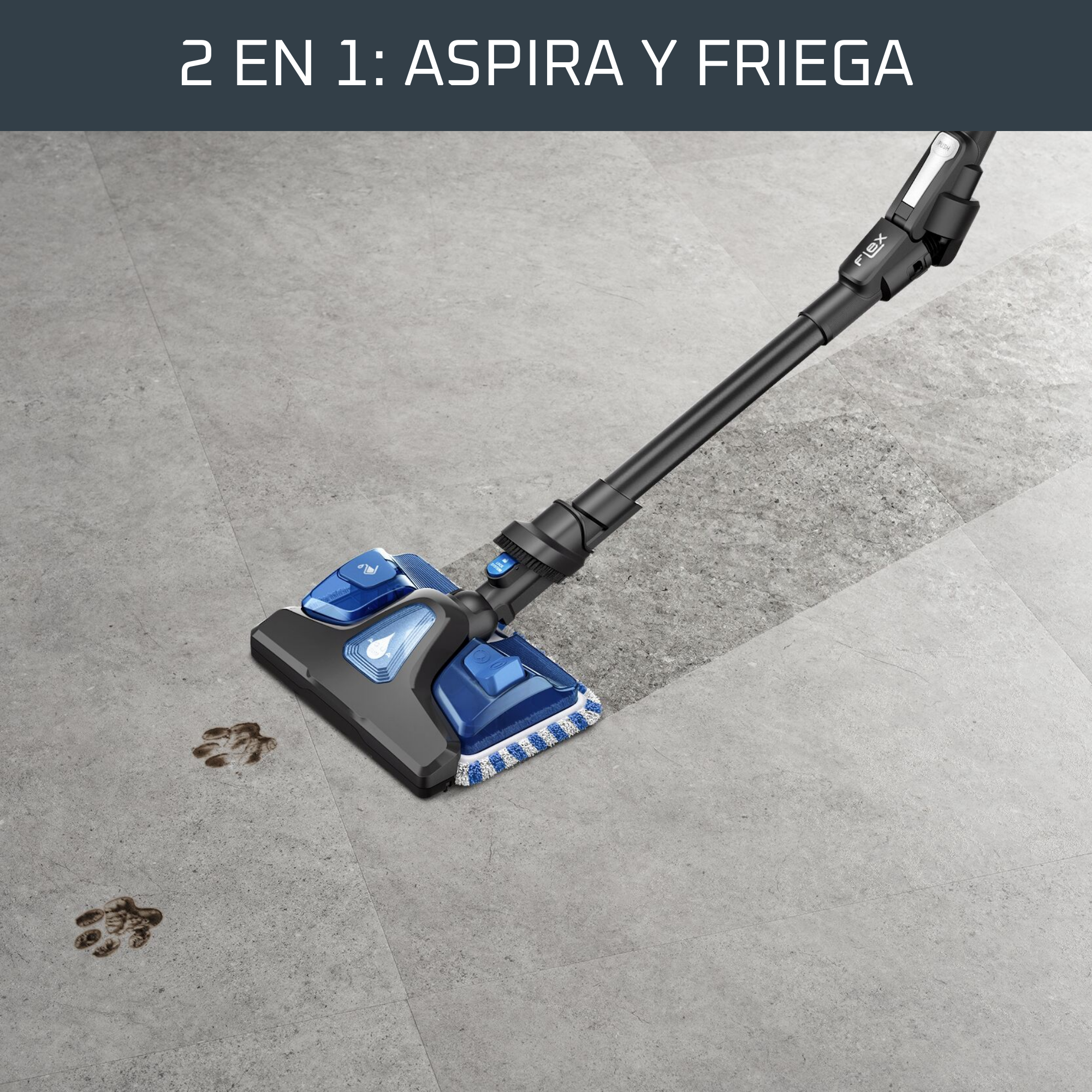 Aspiradora en acción en el suelo, mostrando limpieza y dejando marcas.
