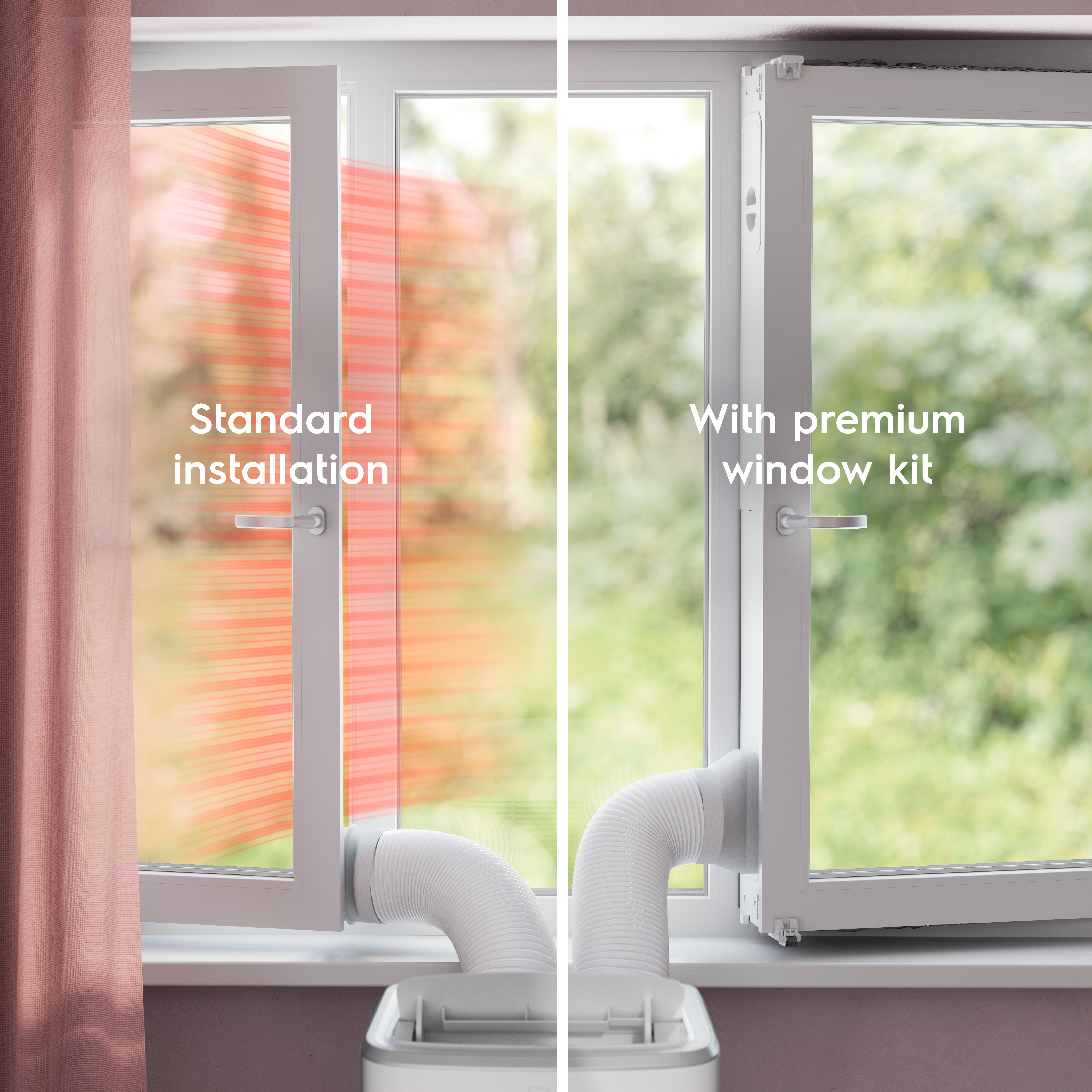Ein Fenster mit Klimaanlageninstallation, das Standard- und Premium-Fenstersatzoptionen zeigt.