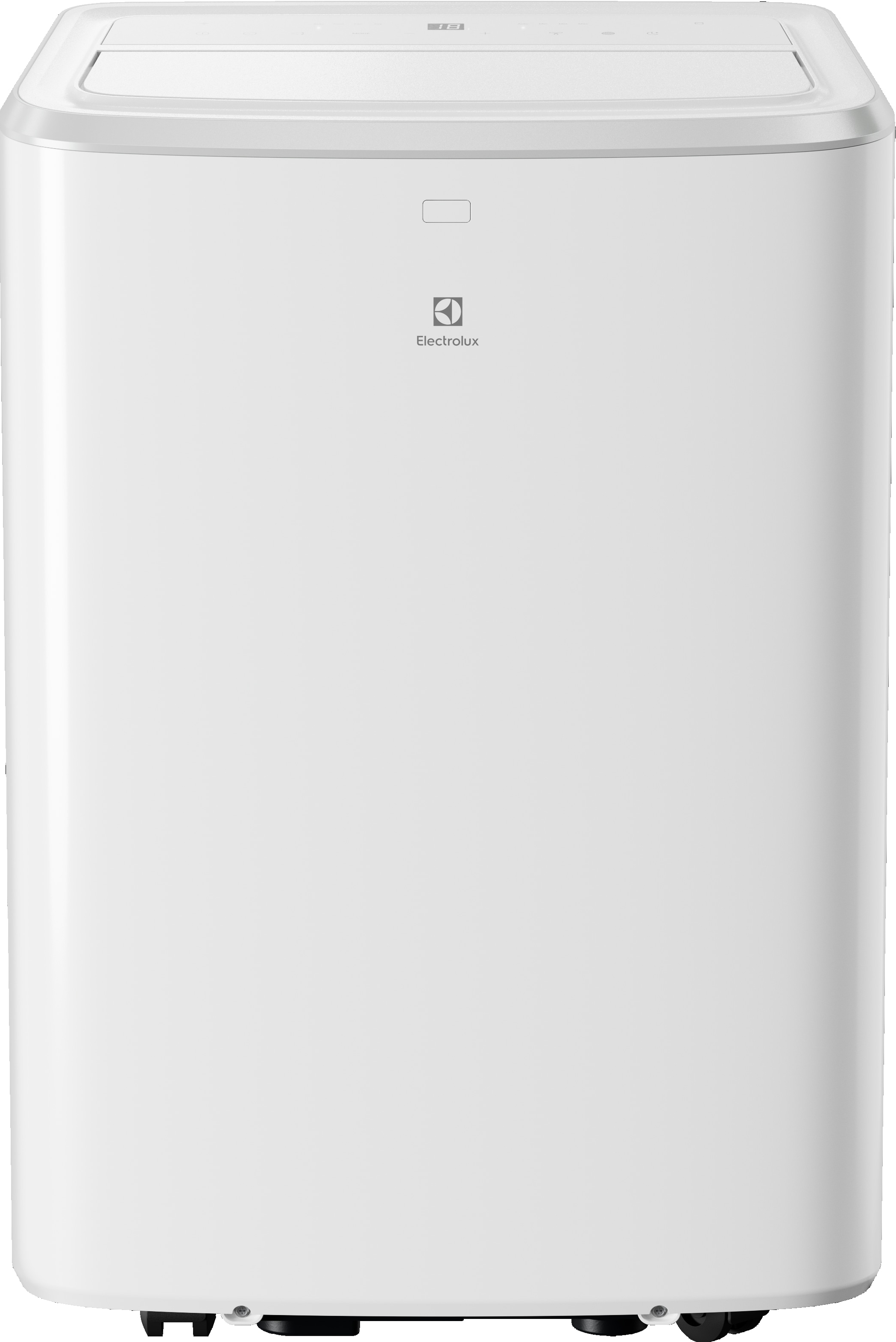 Weißer tragbarer Klimaanlage von Electrolux auf weißem Hintergrund. Schlichtes Design, Frontansicht.