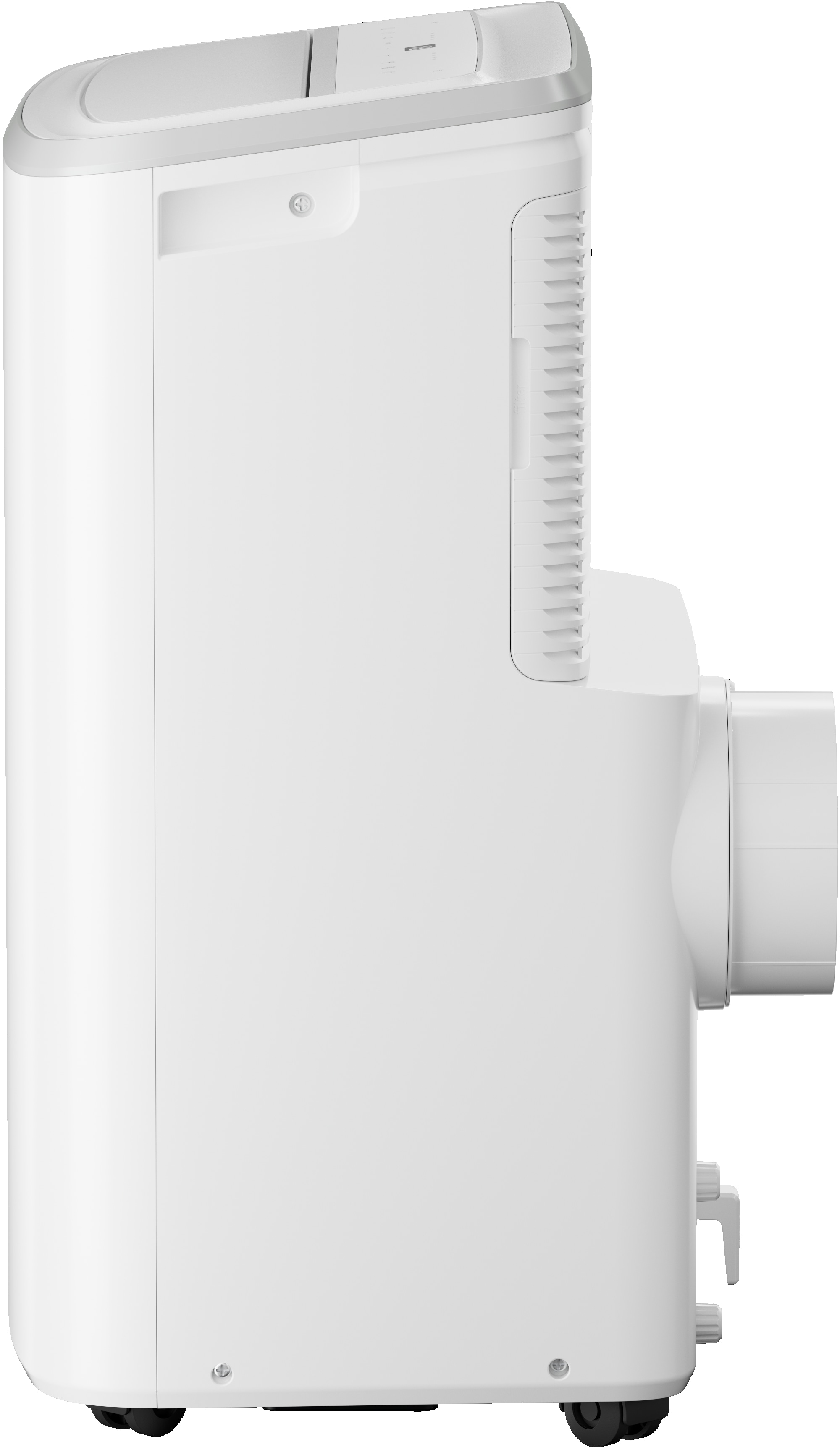Weißer tragbarer Klimaanlage. Seitenansicht, mit Lüftungsschlitzen und einem Abluftschlauch. Räder unten.