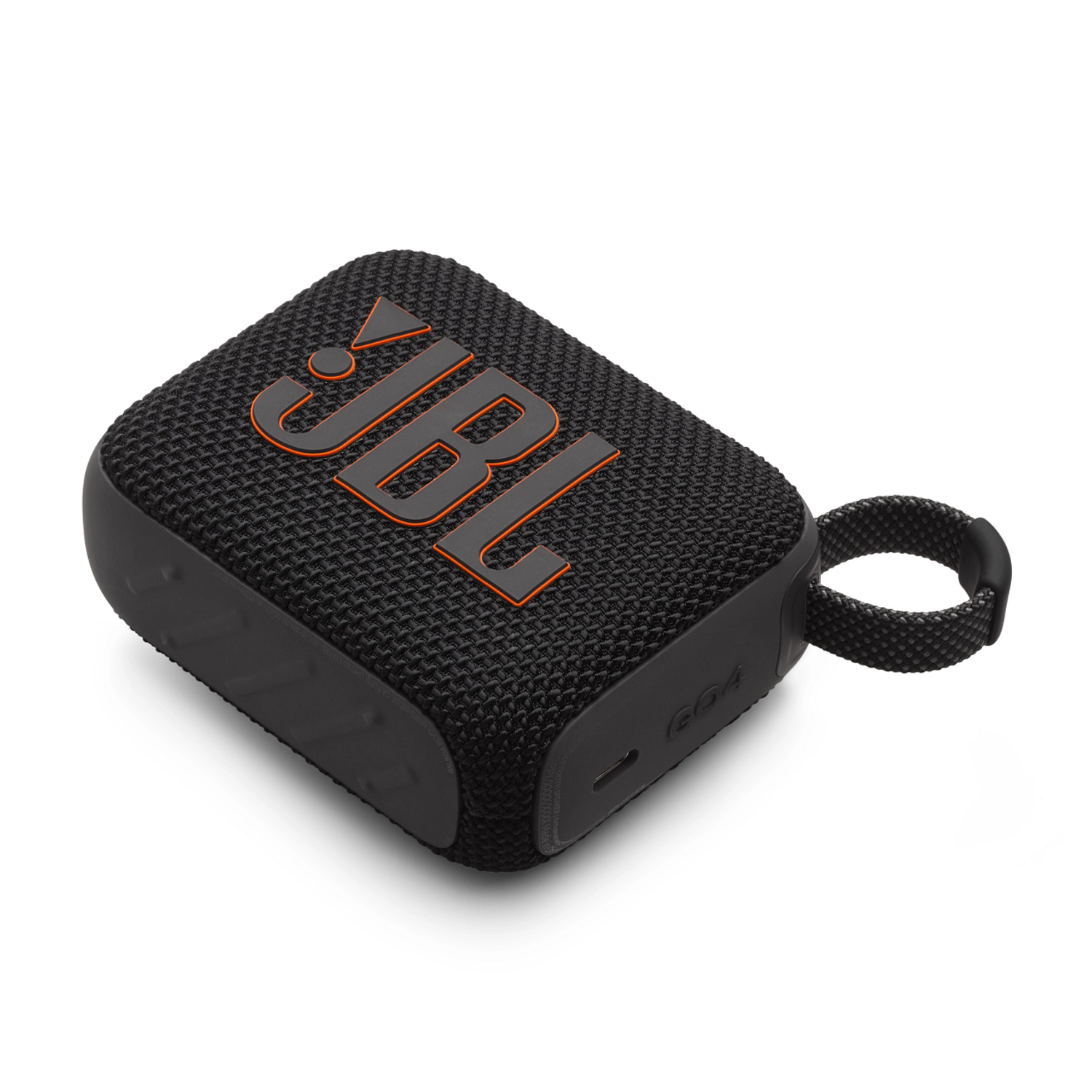 Zwarte JBL-luidspreker met oranje JBL-logo. Grijze riem. Schuine weergave.