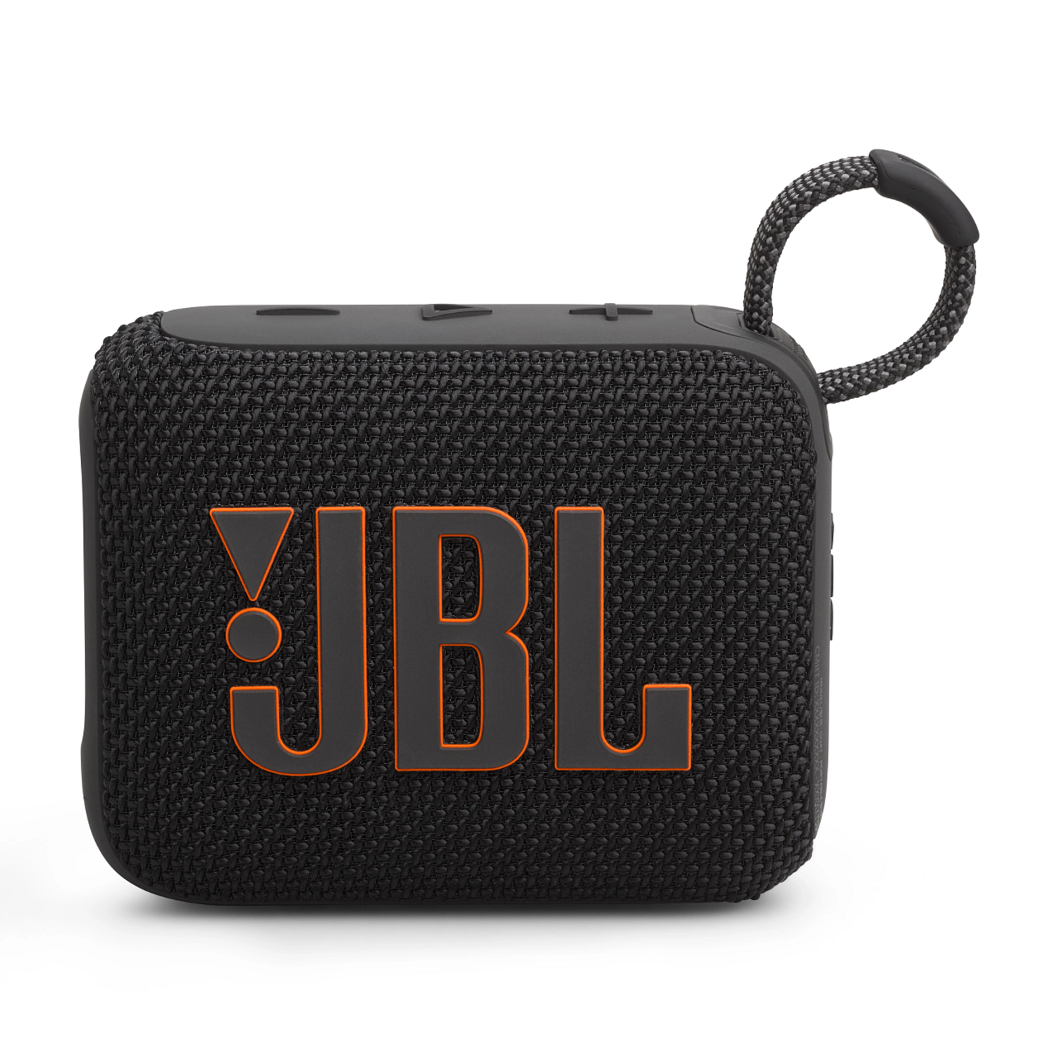 Zwarte JBL Go 3 speaker. Het heeft een oranje JBL-logo en een draaglus. Op een witte achtergrond.