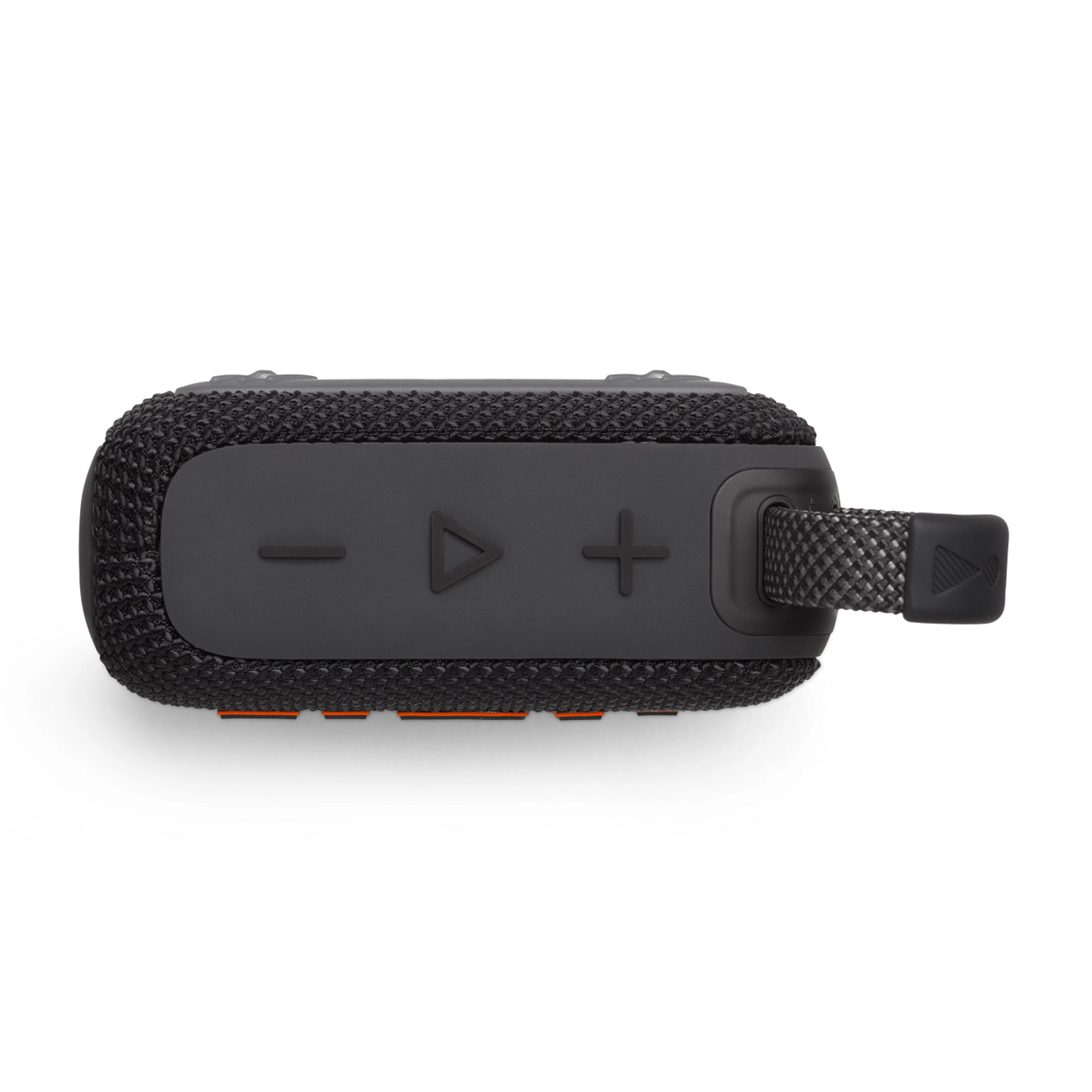 Zwarte speaker met volumeknoppen. Het heeft een handvat en oranje accenten.