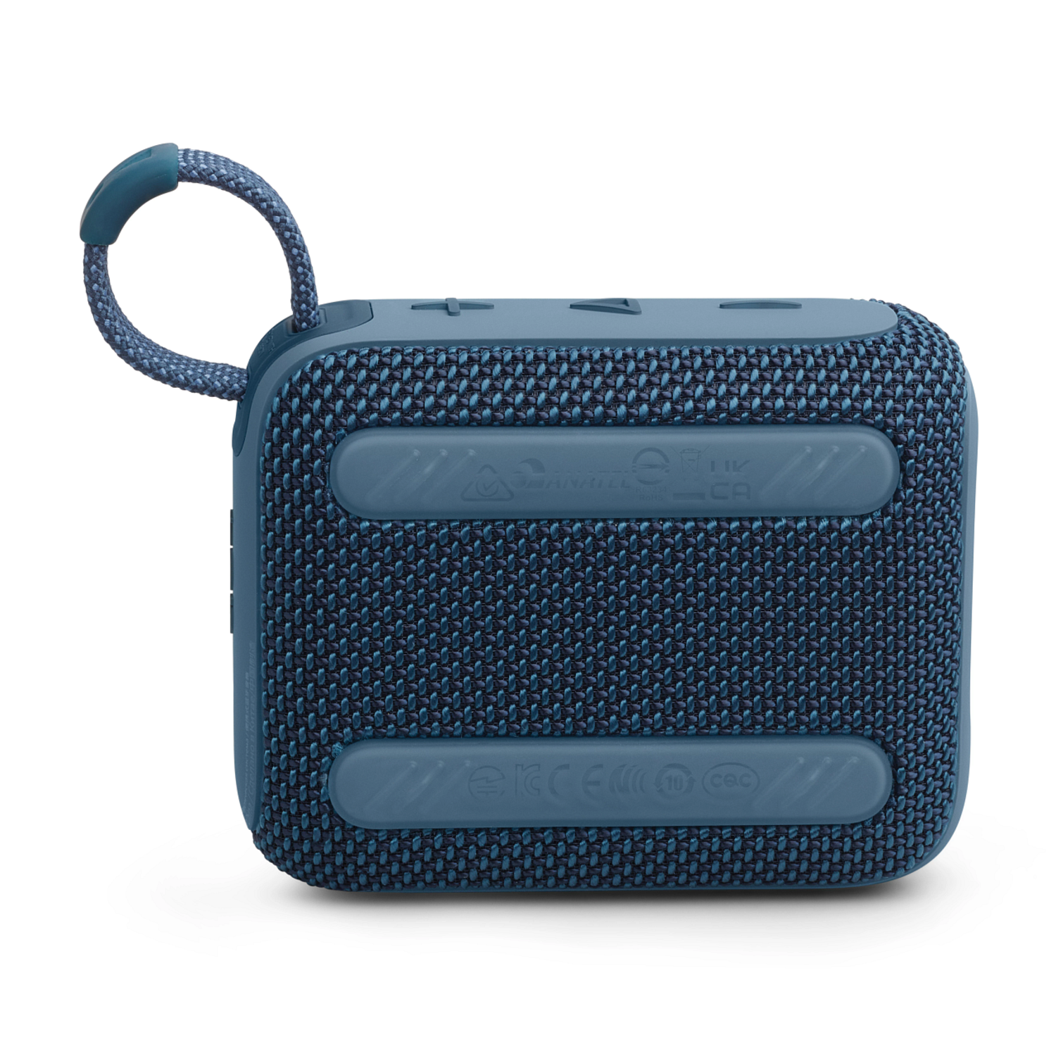 A blue JBL speaker with a carrying loop. The speaker has a textured mesh cover.