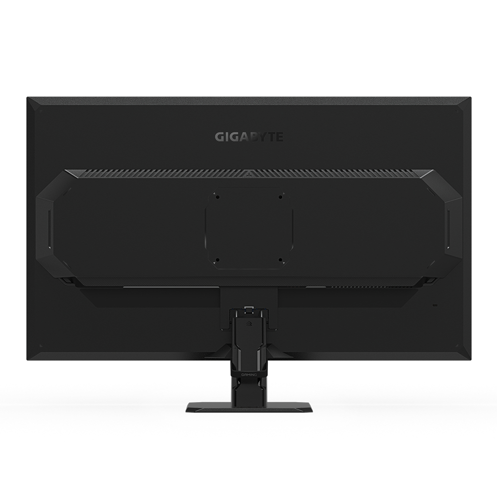 Rückansicht eines schwarzen Gigabyte Gaming-Monitors mit Standfuß und Anschlüssen.