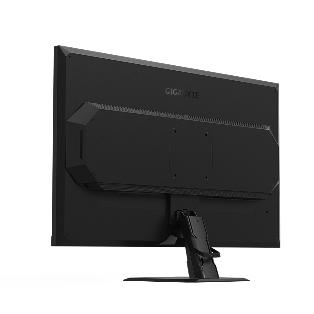 Die Rückseite eines schwarzen Computermonitors. Das GIGABYTE-Logo ist sichtbar. Der Ständer ist ebenfalls sichtbar.