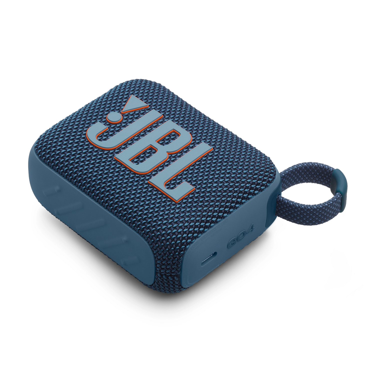 Blue JBL speaker with orange logo, black mesh. White background.