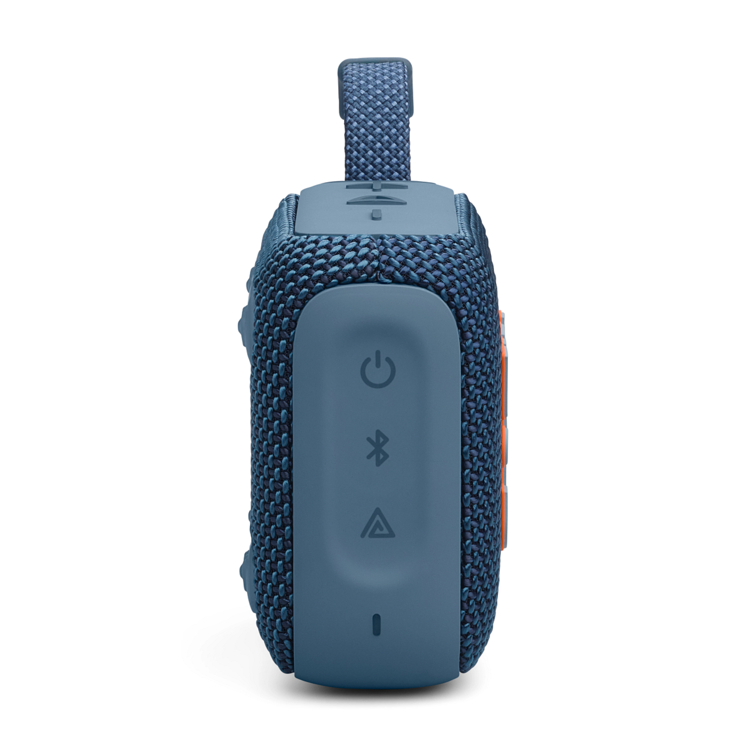 Blue and orange speaker. Side view, showing power, bluetooth and volume buttons.