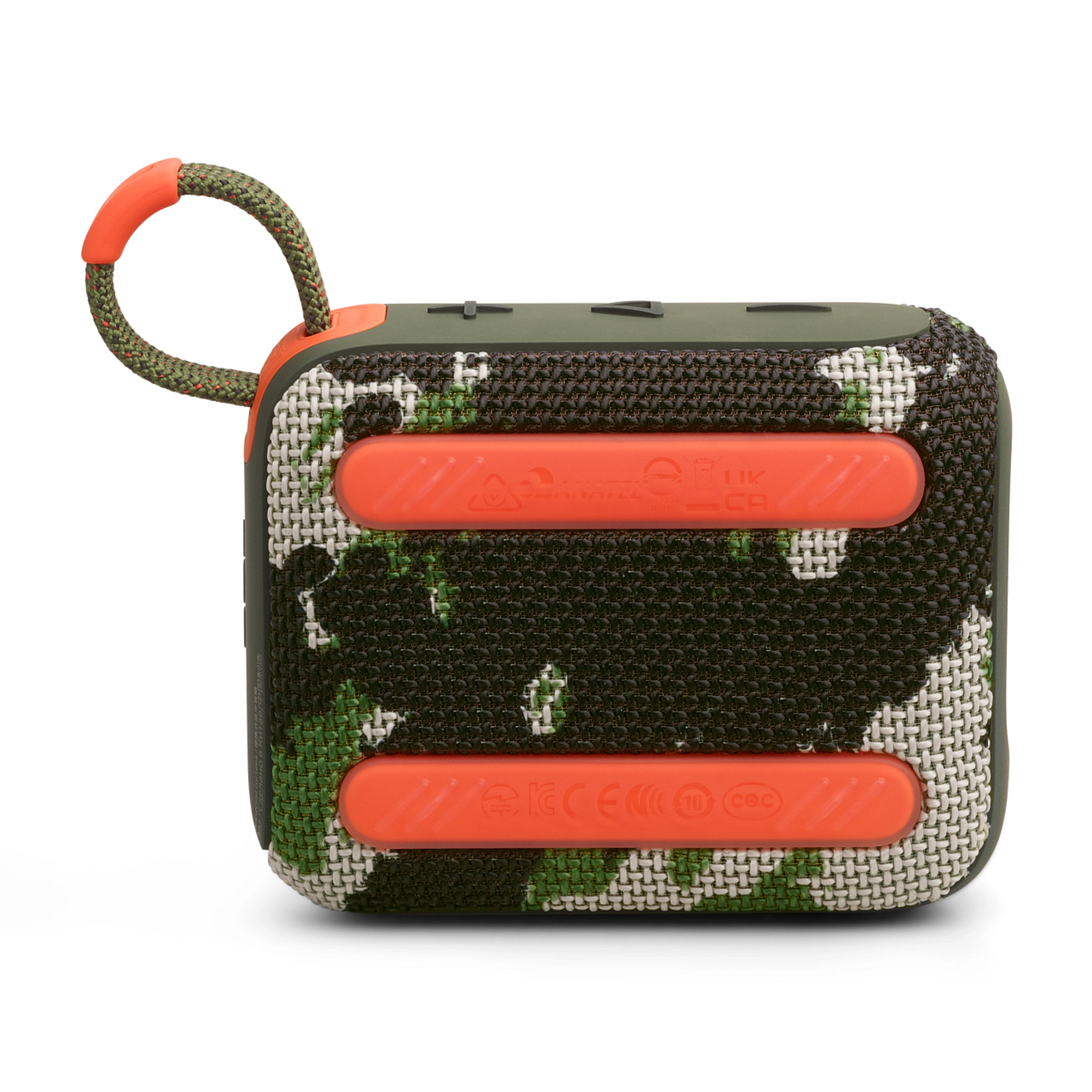 Square portable speaker. Camouflage pattern. Orange accents, green strap.