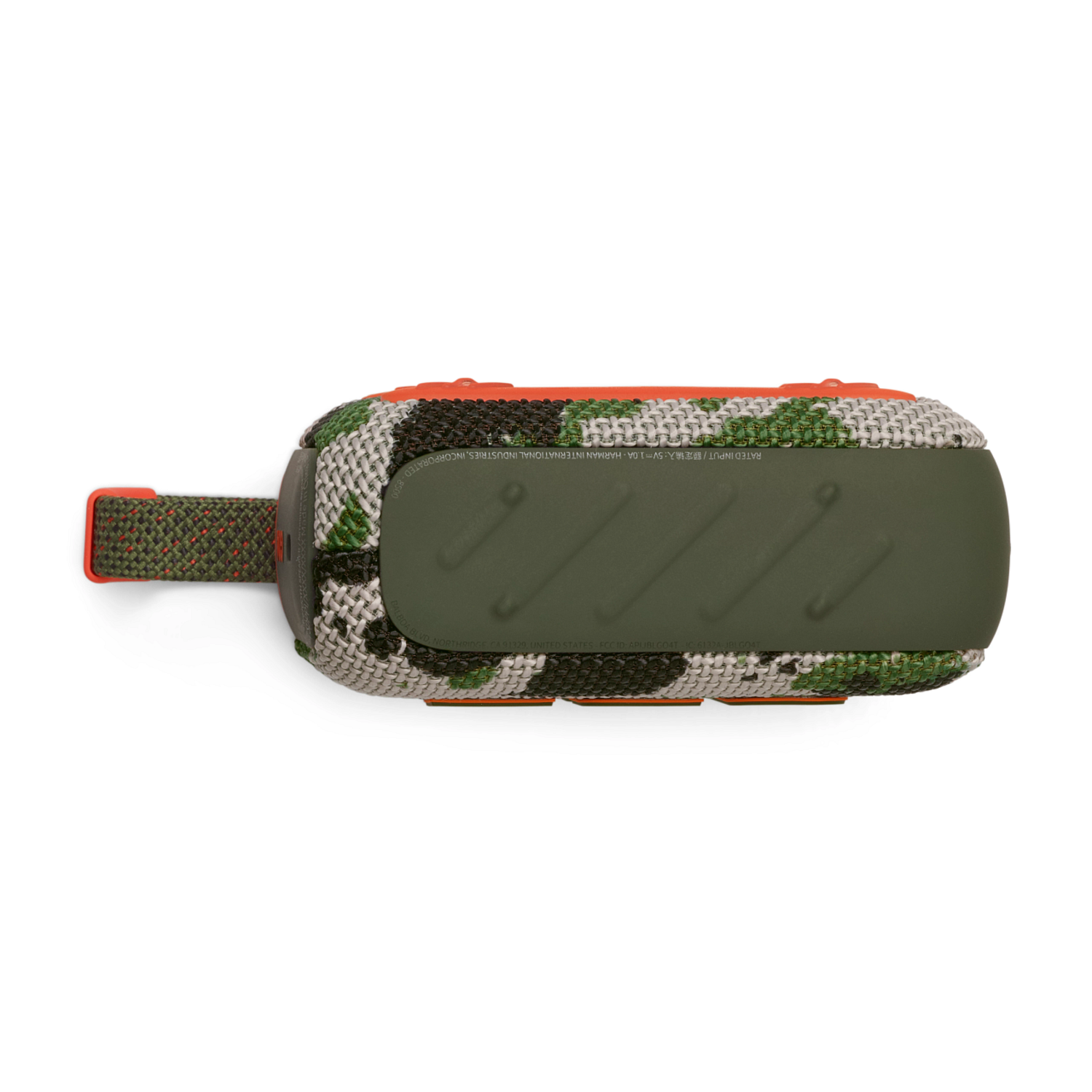 Camouflage speaker, orange accents.  Handle on left.  Dark green, grey, and orange color scheme. Top view.