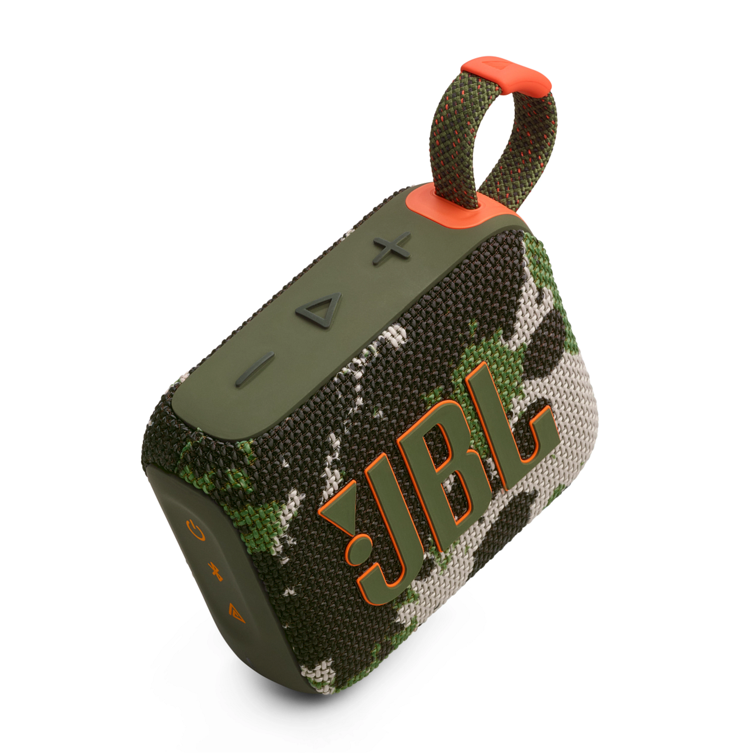 A camo-colored JBL speaker on a white background. It has an orange handle.