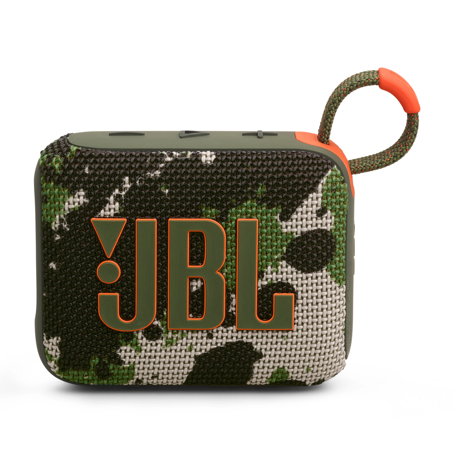 Square, camouflage-patterned JBL speaker with orange accents. White background.