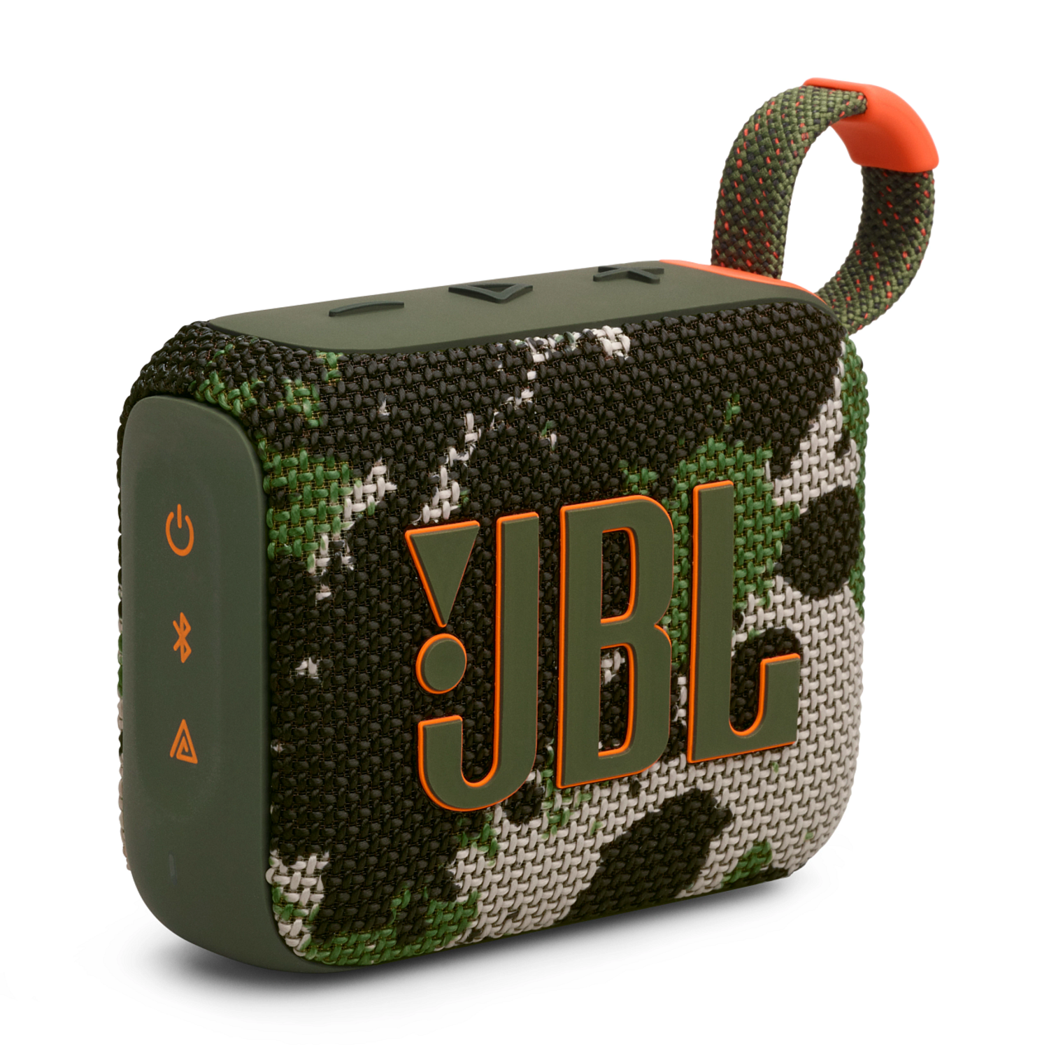 A green and camo JBL speaker with an orange handle.
