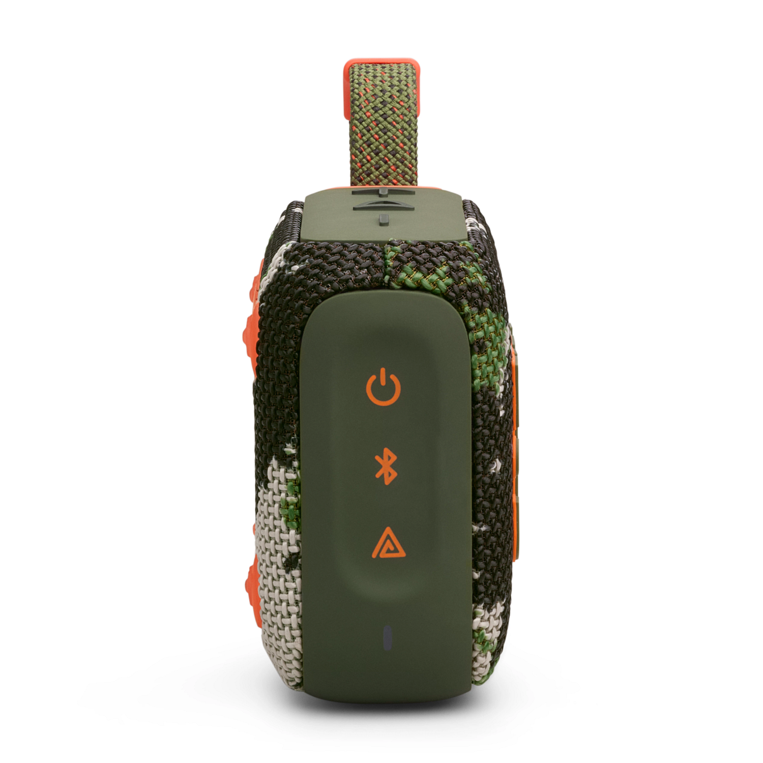 A portable speaker with a camouflage pattern, orange accents, and a handle. The controls are on a dark green panel.