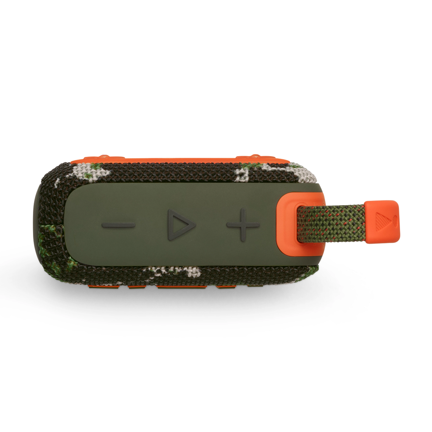 Green and camouflage speaker with orange details. It has buttons for volume. The background is white.