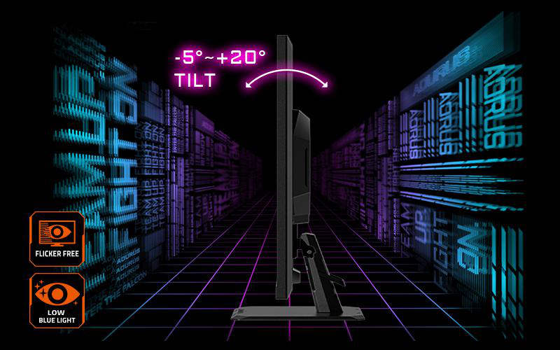 Ein Computermonitor geneigt, mit Text, der den Neigungsbereich und Funktionen wie flimmerfrei angibt.