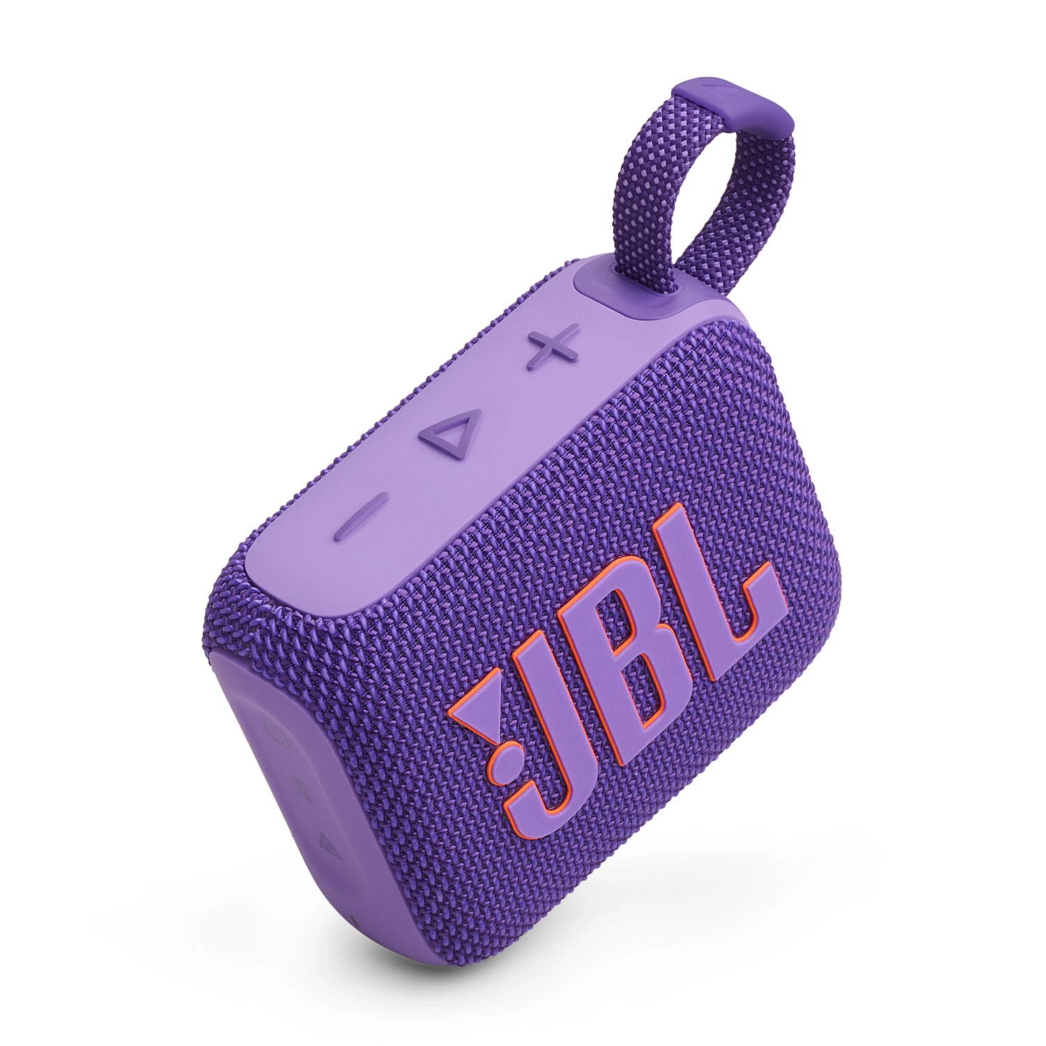 A purple JBL speaker with orange JBL text on the front. It's angled on a white background.