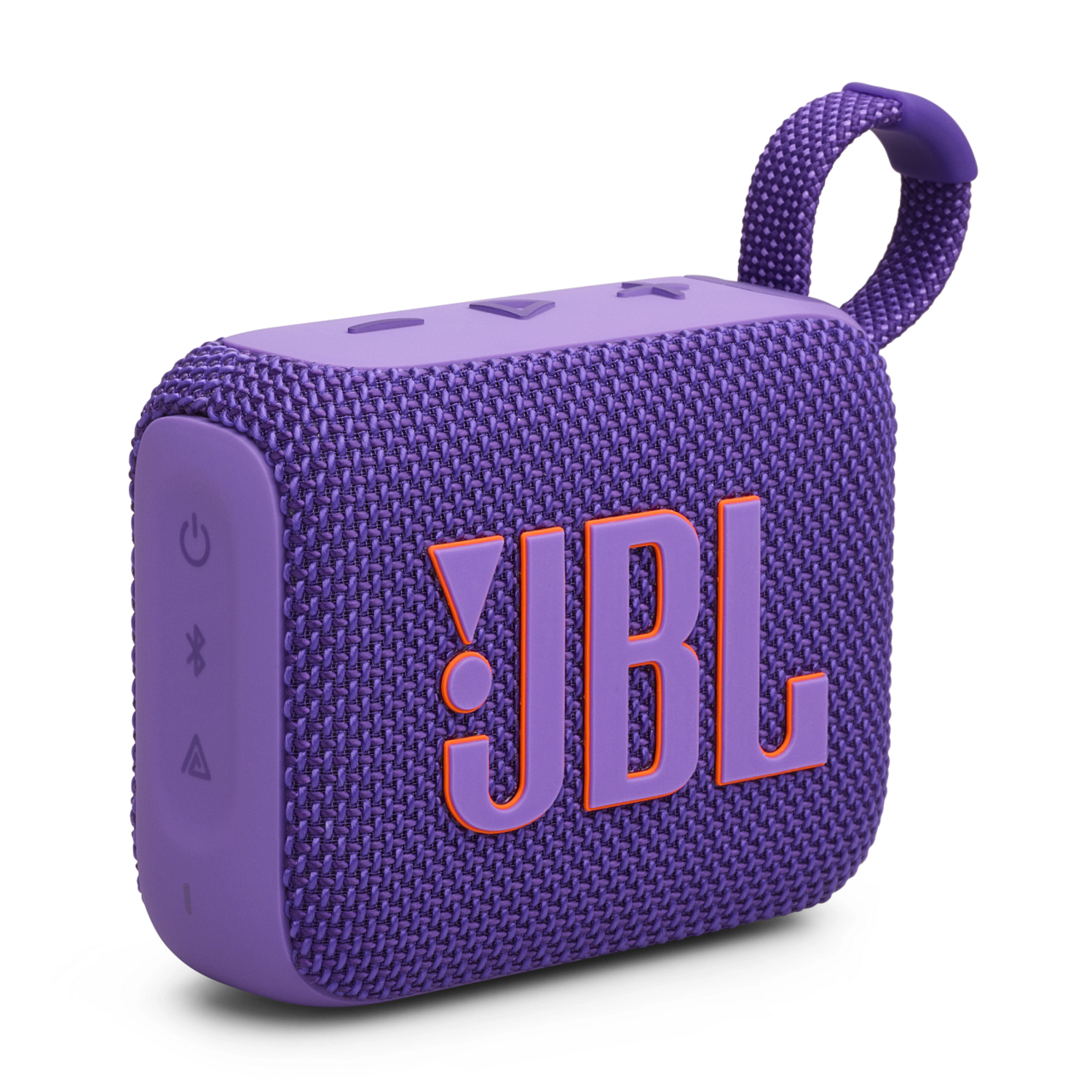 Purple JBL speaker with orange JBL letters. The speaker has a loop.