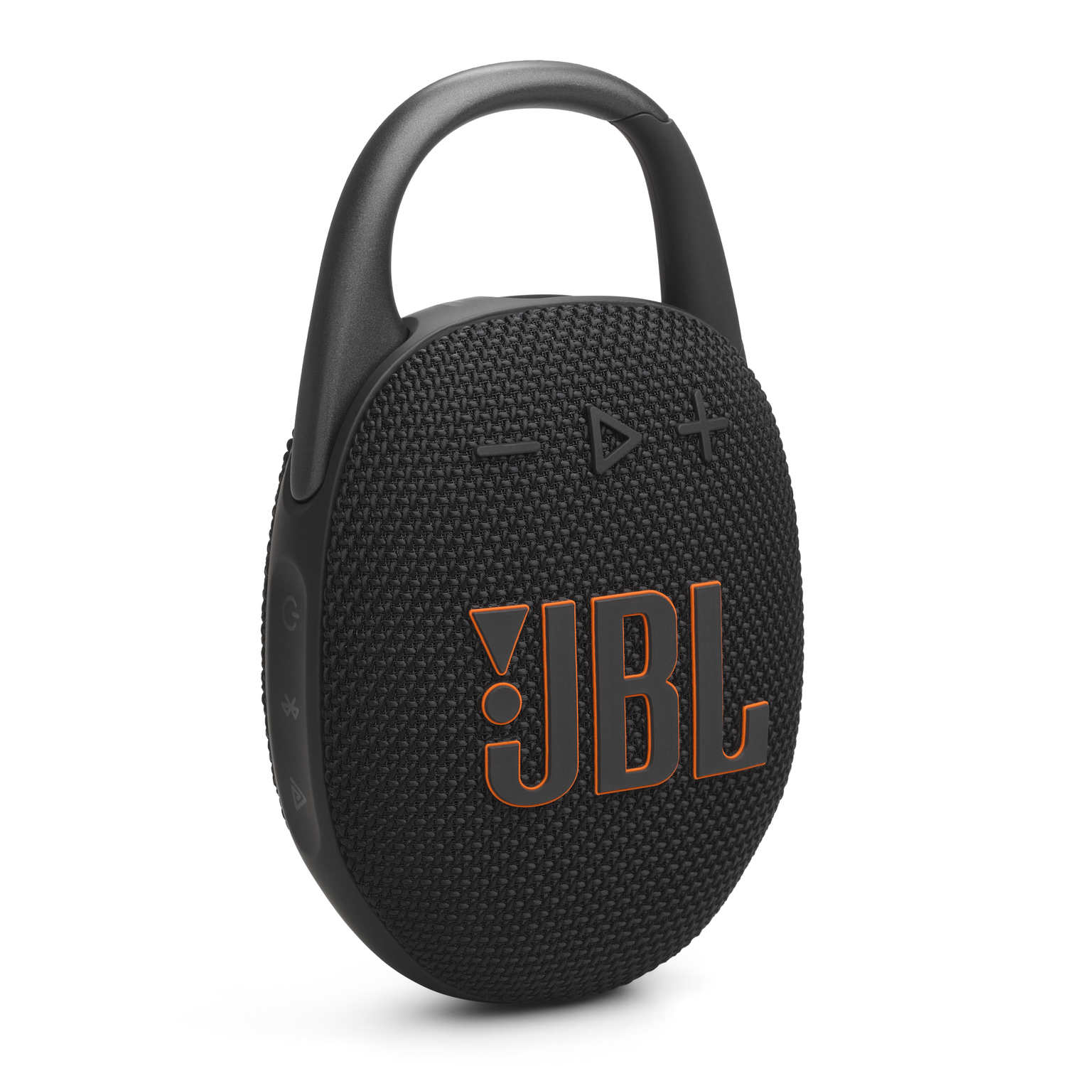 Zwarte JBL Clip-luidspreker met een oranje JBL-logo en een zwarte handgreep.