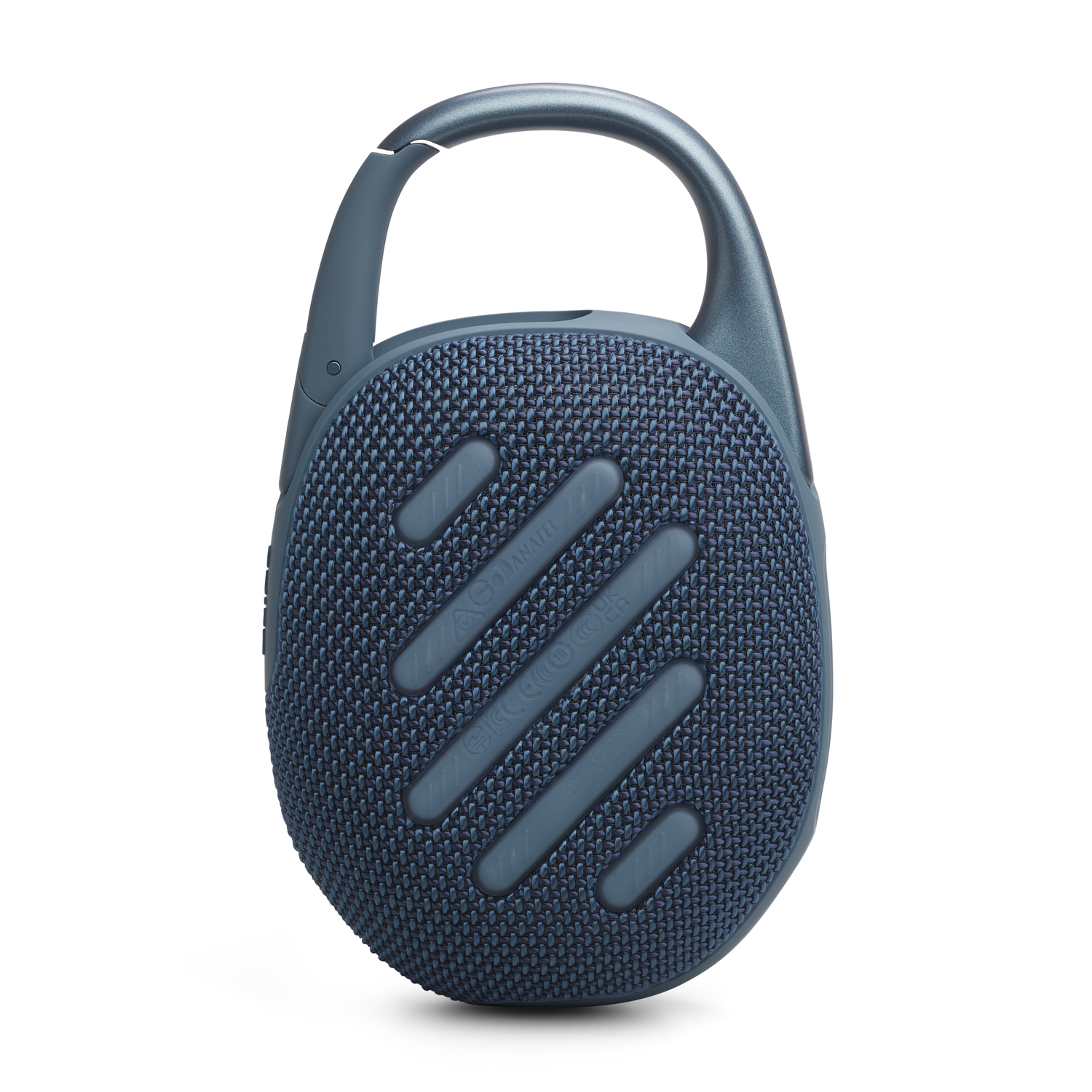 A blue JBL Clip speaker with a carabiner clip. The speaker is on a white background.