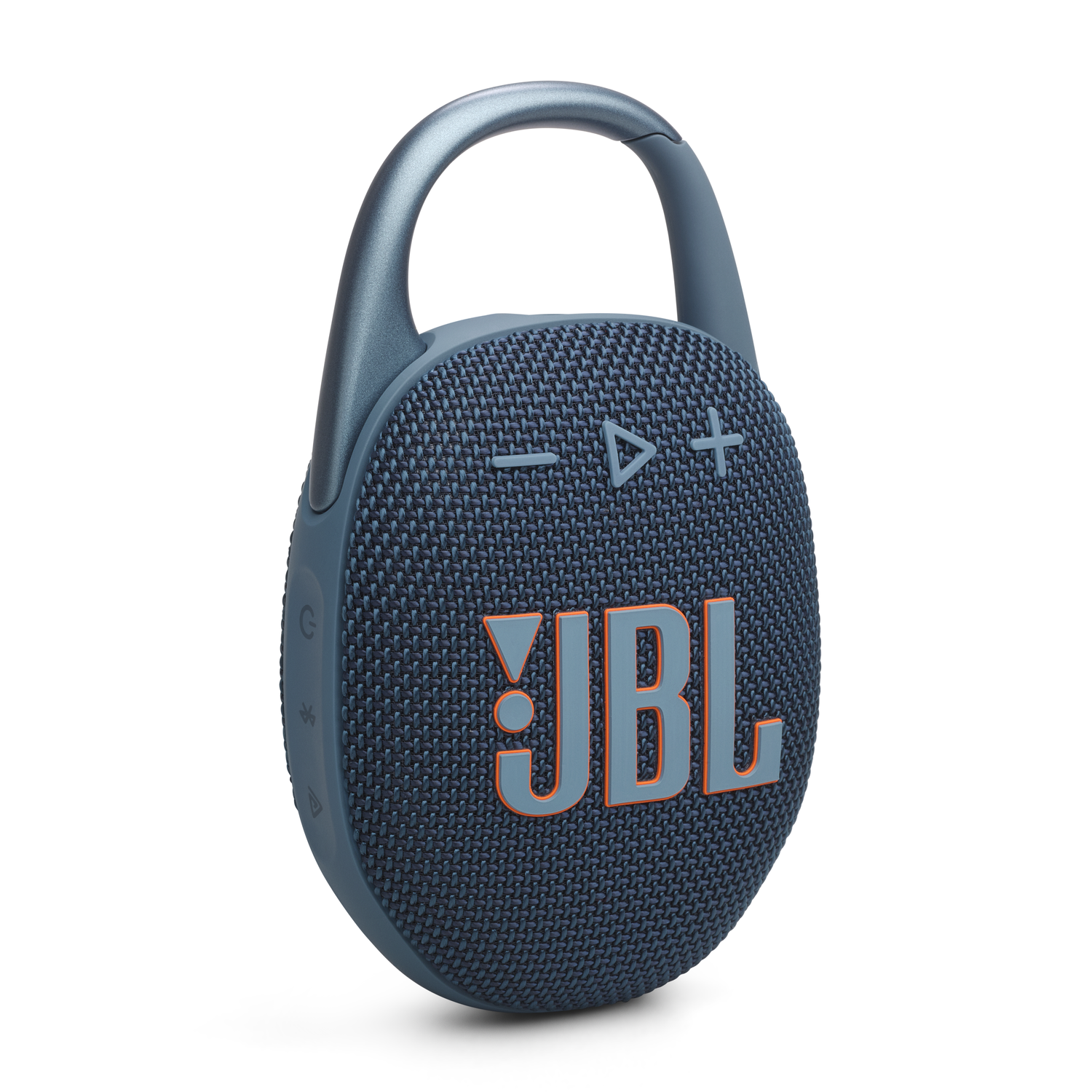 Blue JBL Clip speaker with a clip and orange JBL logo on a white background.