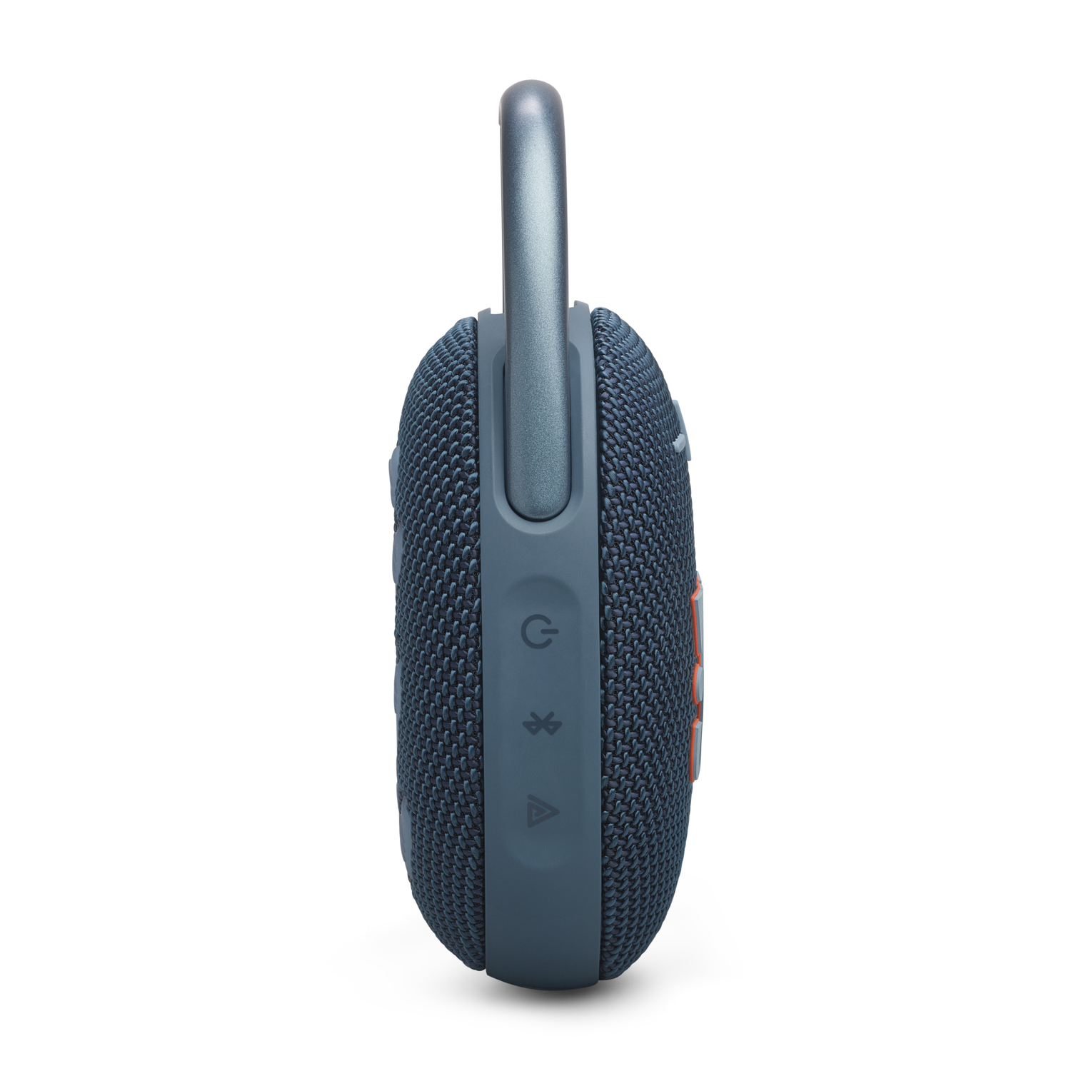 A blue JBL speaker with a metal loop. It has buttons on the side. The background is white.