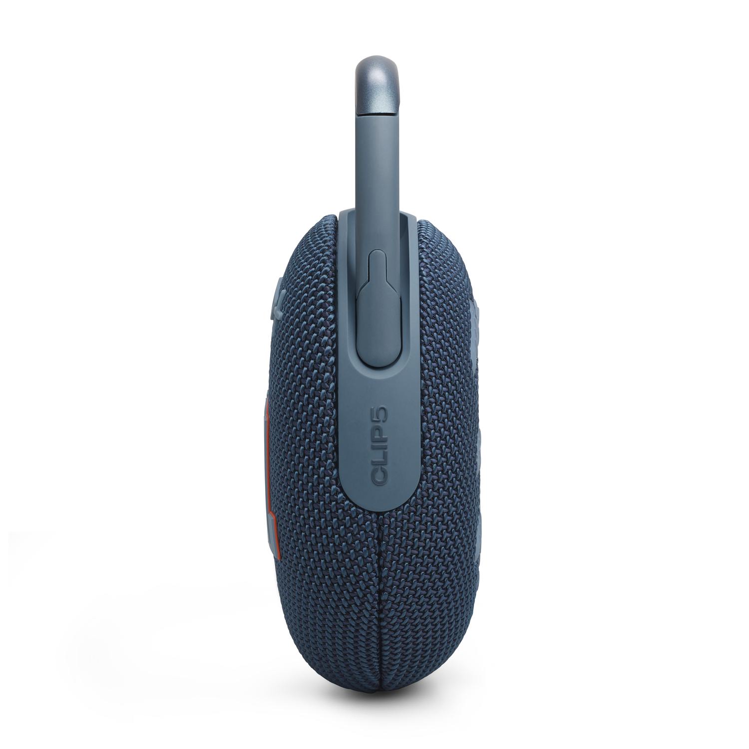 Side view of a blue and gray JBL Clip 5 portable speaker with a clip attached.