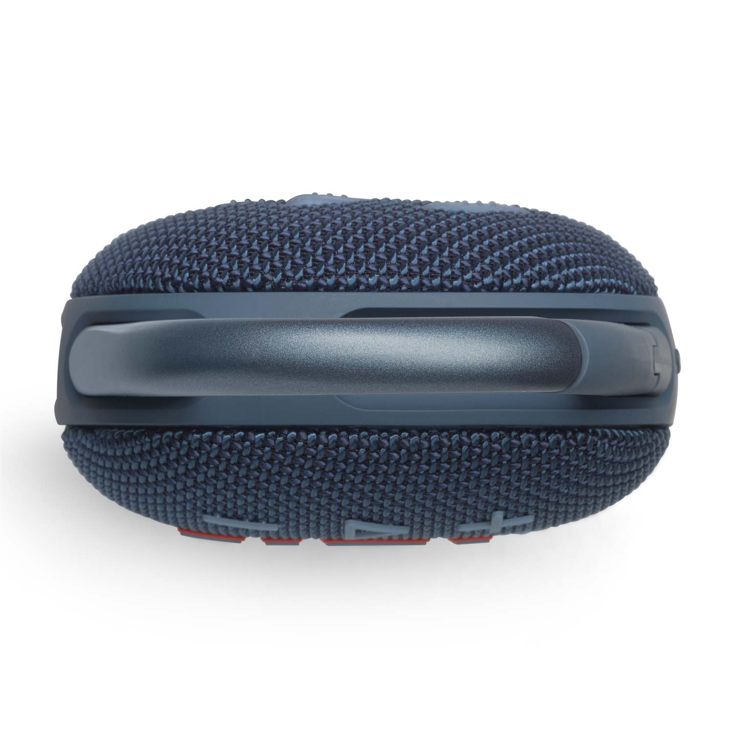 Top view of a blue fabric-covered speaker with a silver handle and red accents.