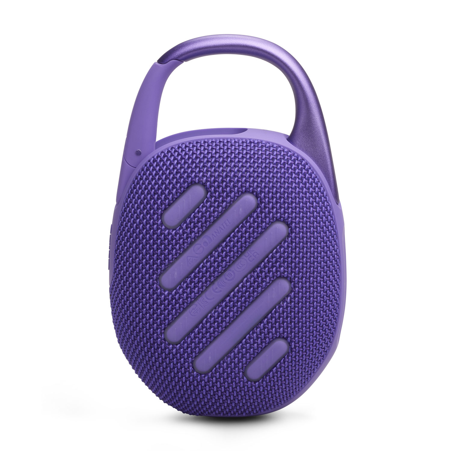 Purple, oval speaker with a clip. Has a mesh front and a silver handle. Isolated on white.