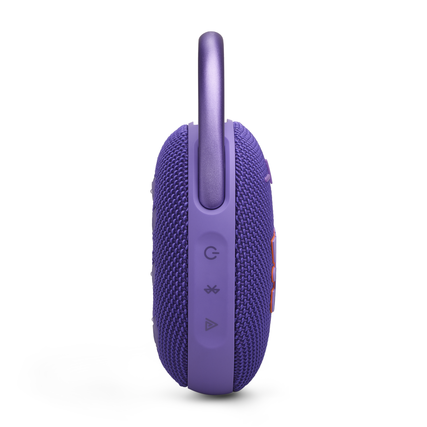 Purple portable speaker with a handle and buttons.