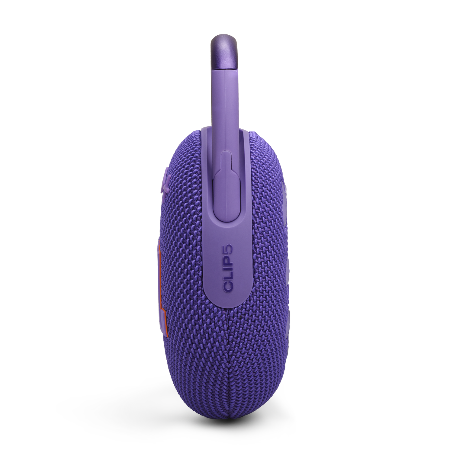 Purple JBL Clip 5 speaker with a carabiner clip. Side view, with the text 'CLIP 5'.