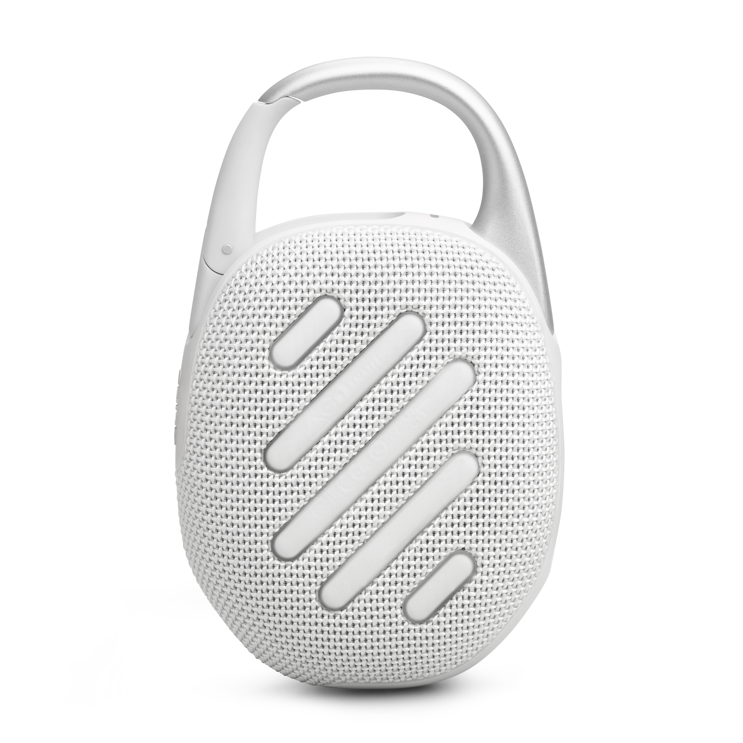 White JBL speaker with a silver handle, featuring a mesh front and three white horizontal lines.