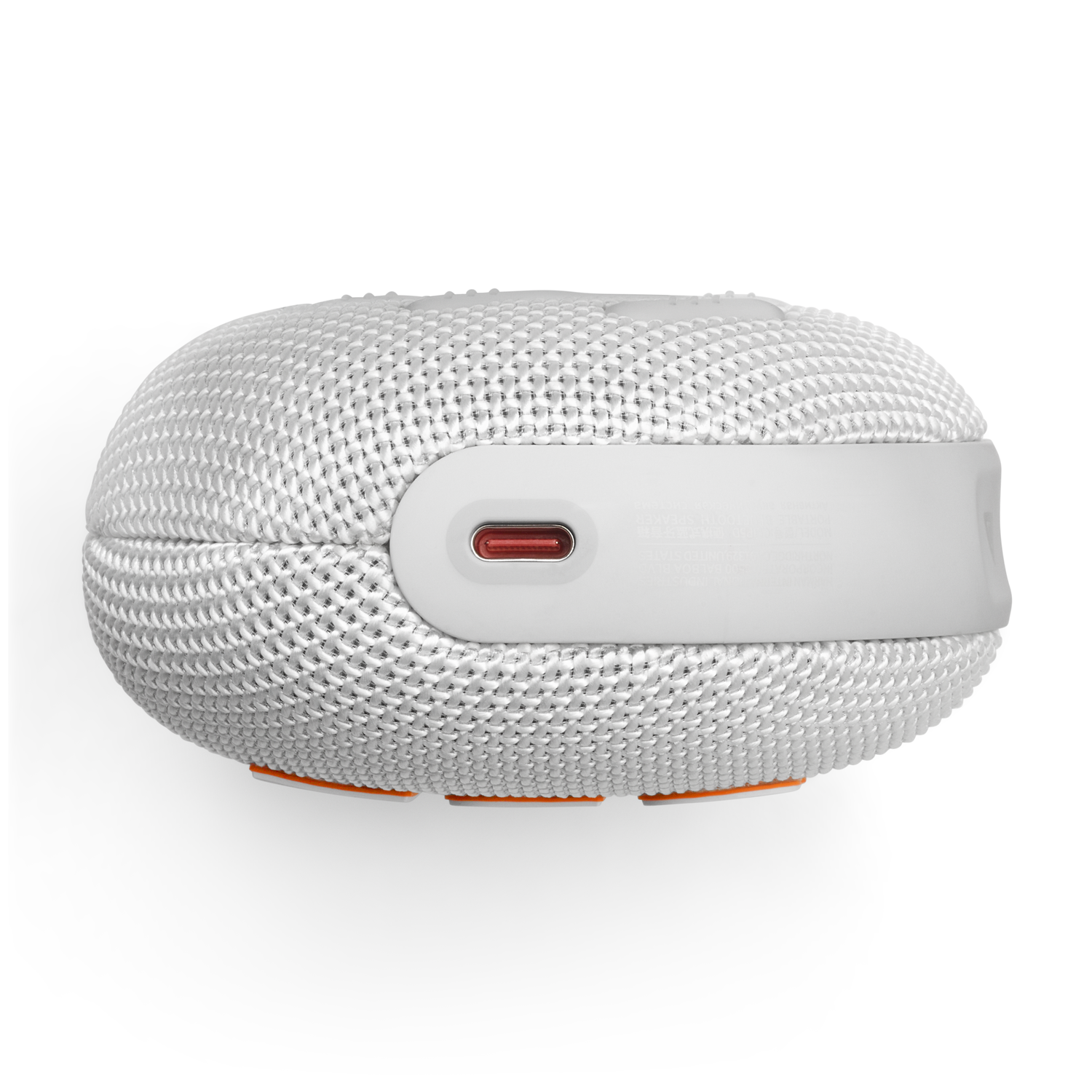 White, oval-shaped speaker with a red port on the side. Orange accents on the bottom.