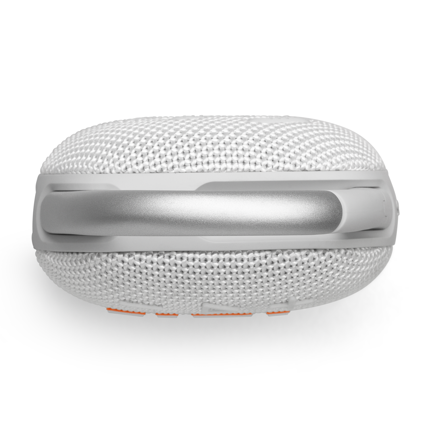 Top view of a white JBL speaker with a silver stripe and orange buttons.