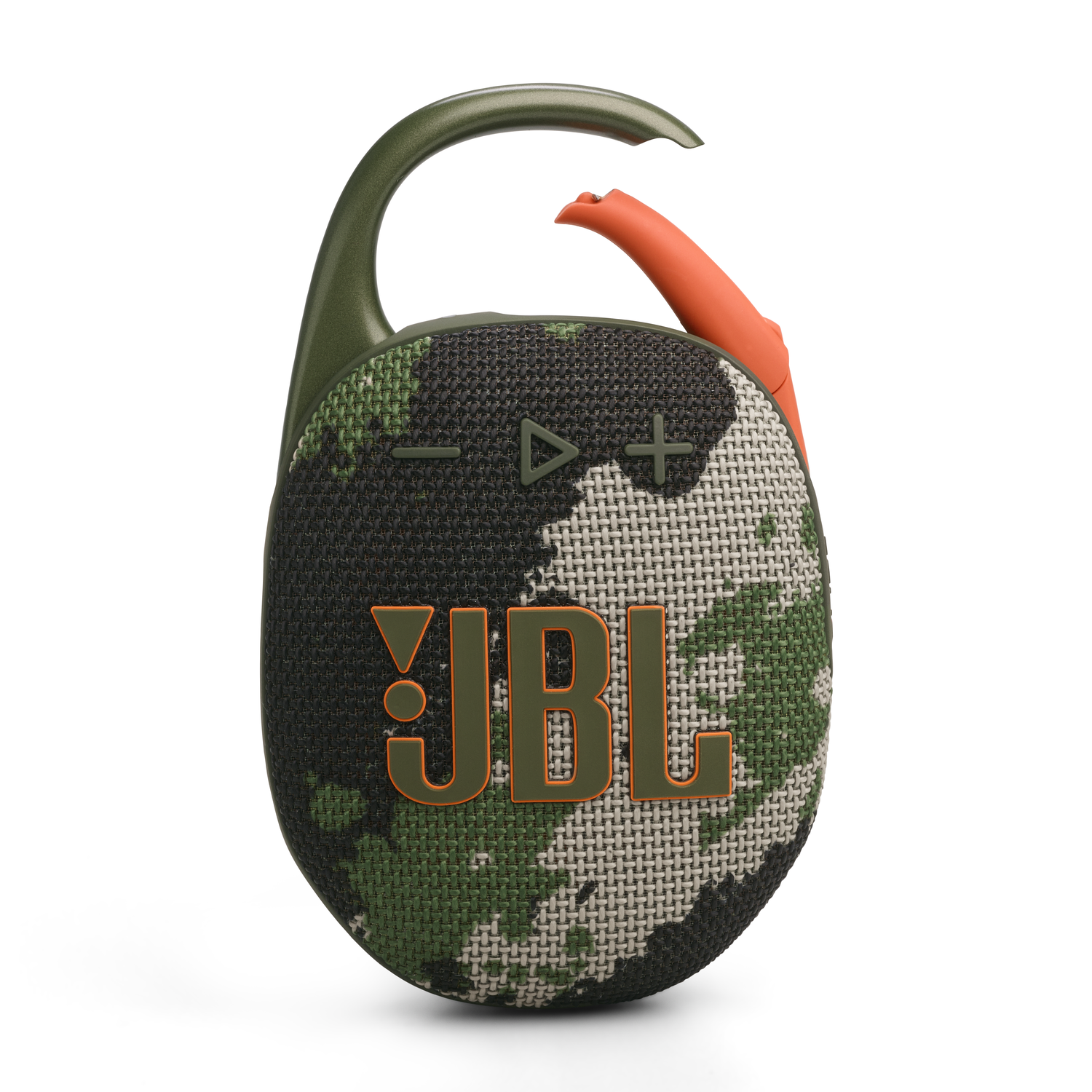 Een draagbare luidspreker van JBL met camouflagepatroon en een oranje en groene clip.