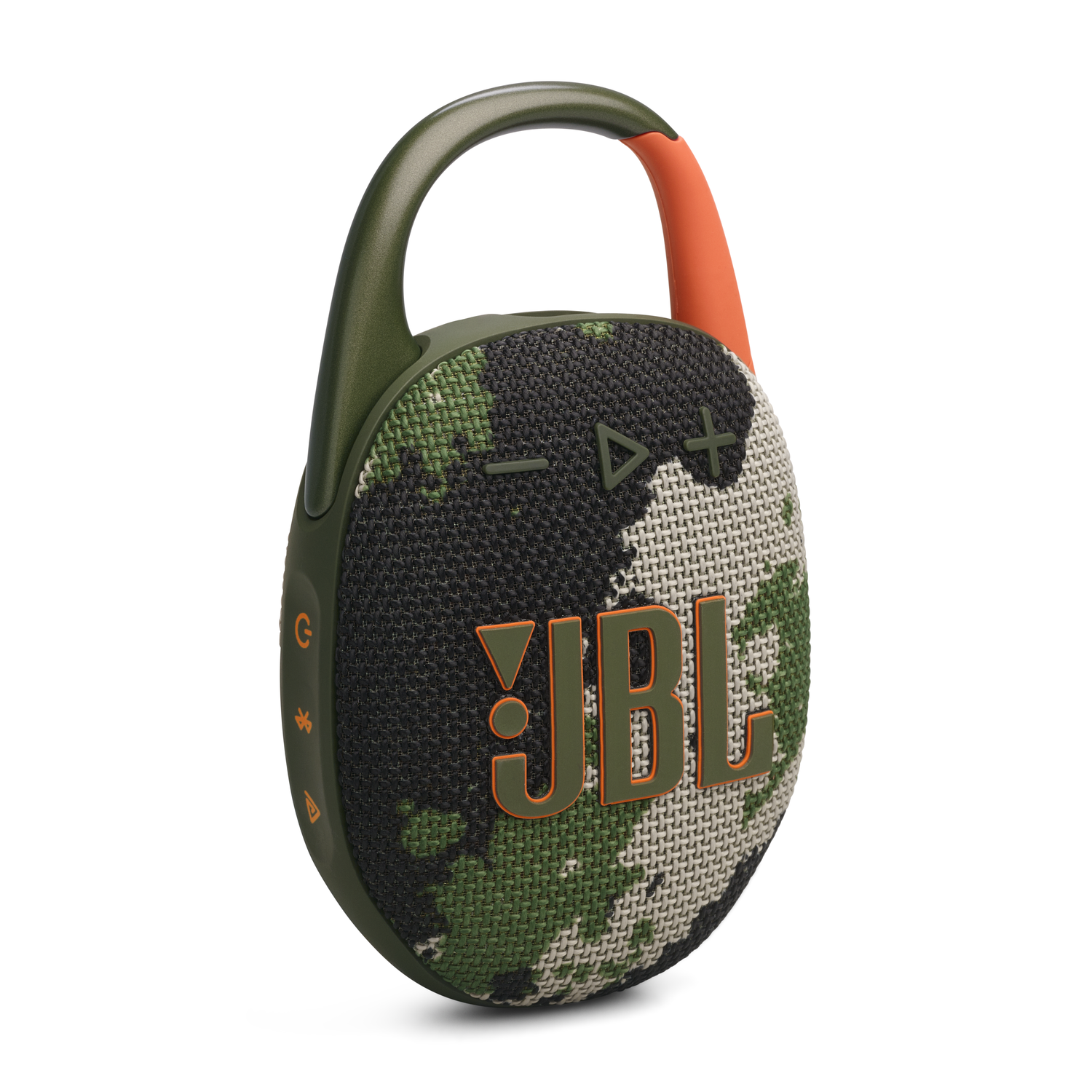 Groene en camouflage JBL Clip-luidspreker met oranje accenten en het JBL-logo.