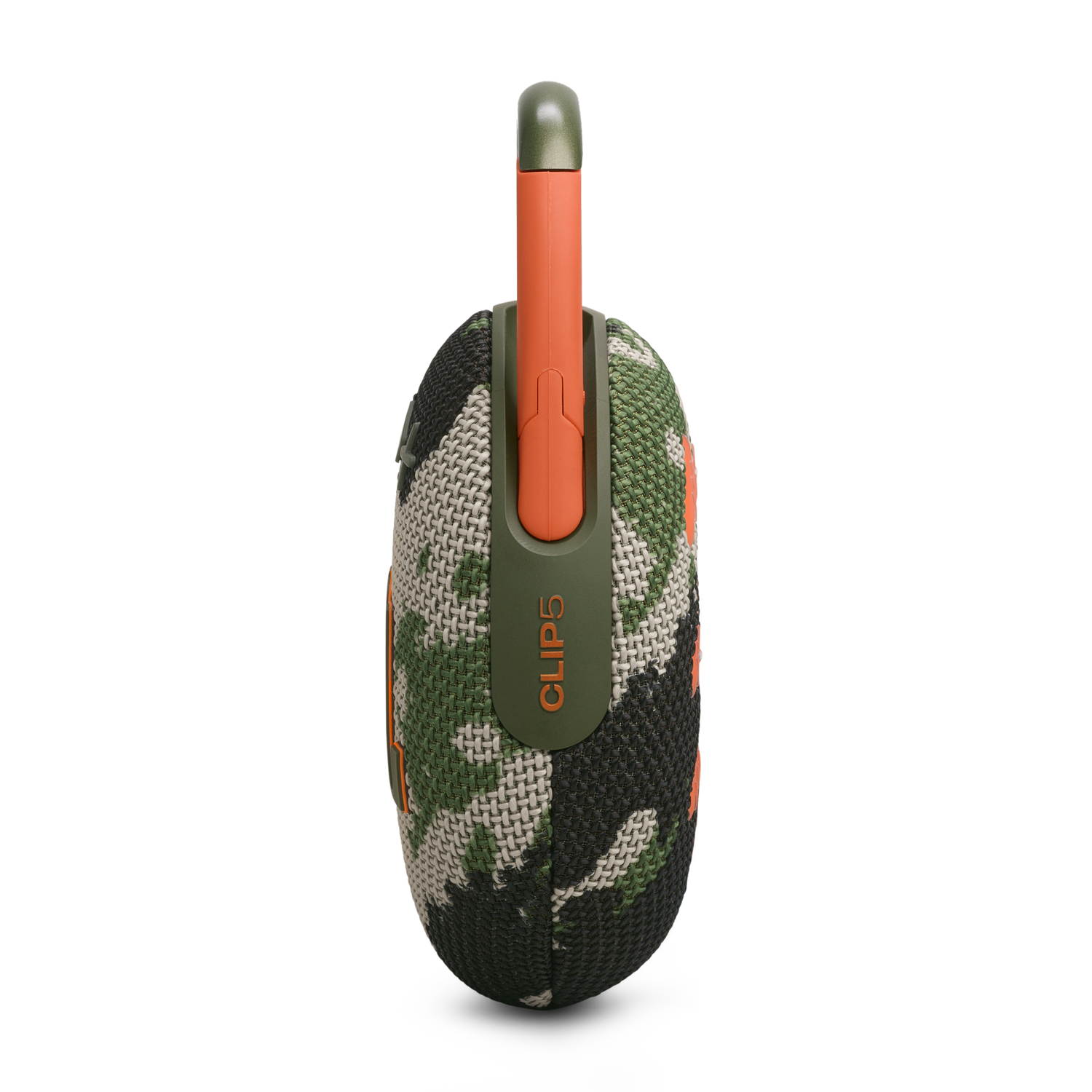 Een luidspreker met camouflagepatroon met een oranje handvat en clip.