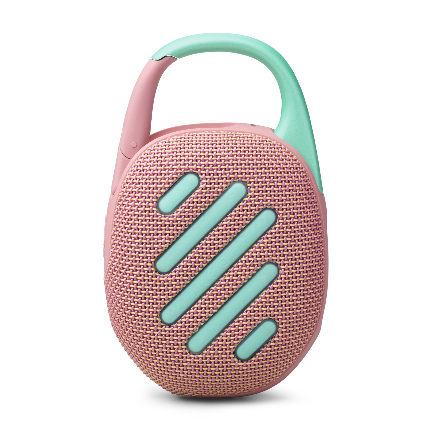 Pink and teal speaker with a teal handle. It has a net-like exterior.