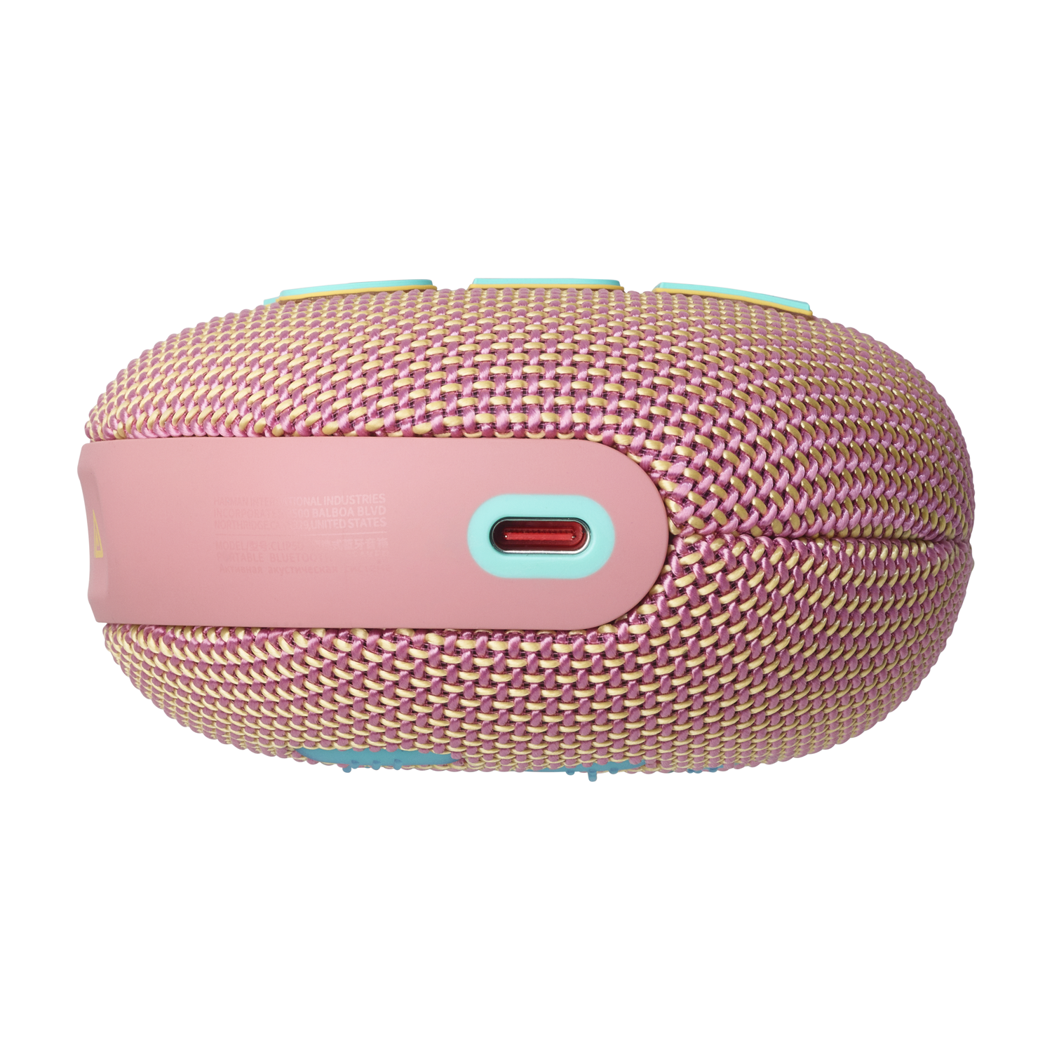 Pink JBL speaker, side view, with a pink and yellow mesh. A red charging port is visible.