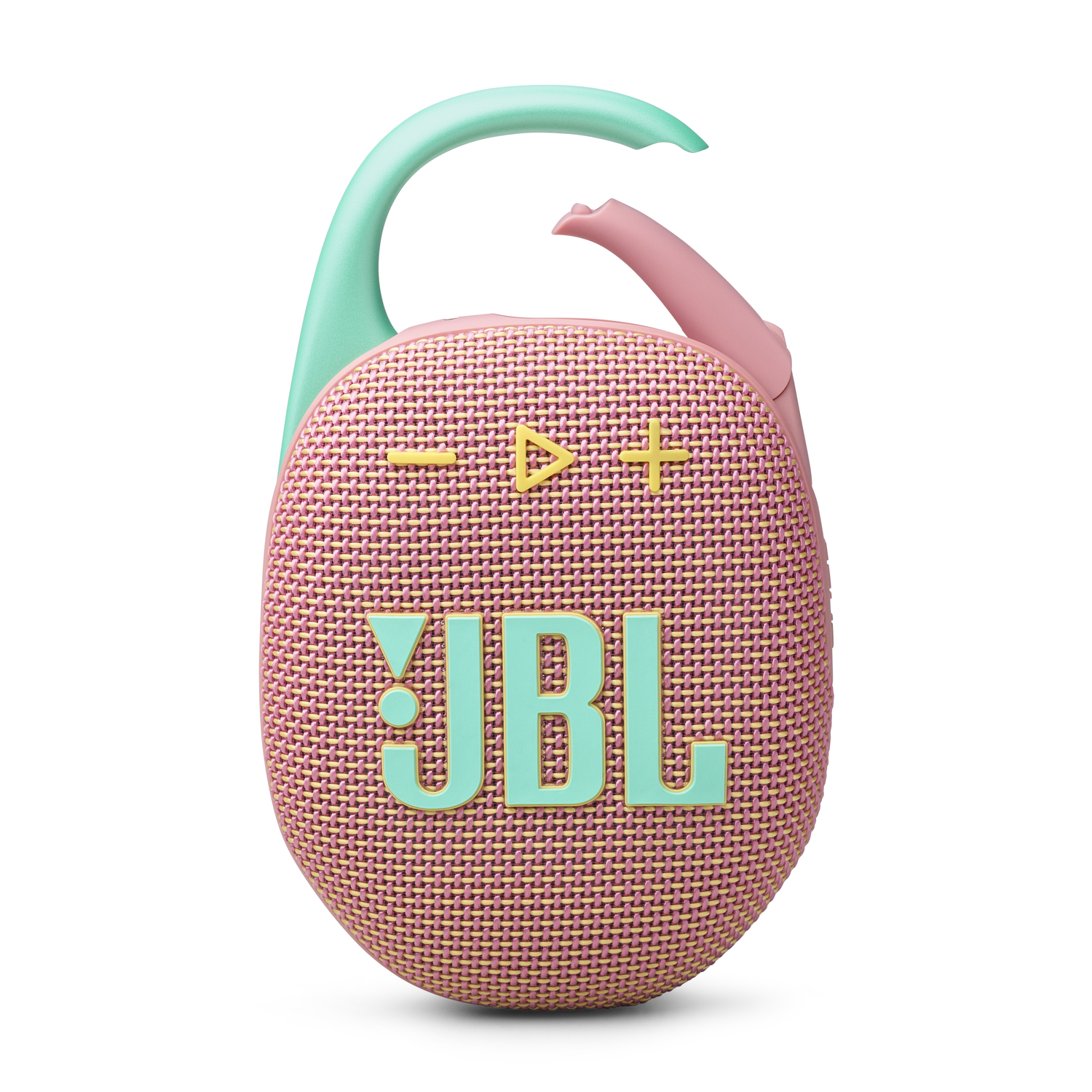 Pink JBL Clip speaker with a teal clip.  JBL logo is visible on the speaker.