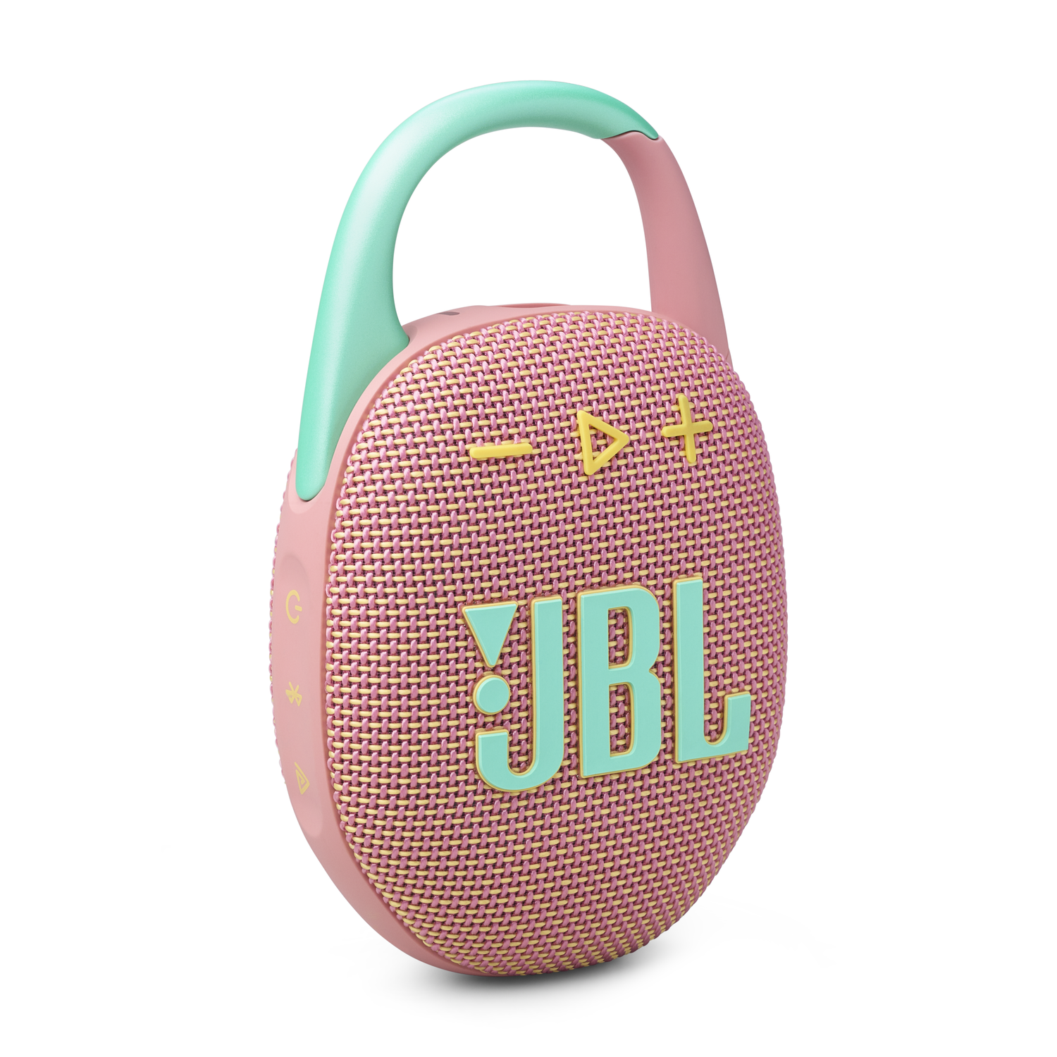 Pink and teal JBL speaker with a handle and controls.