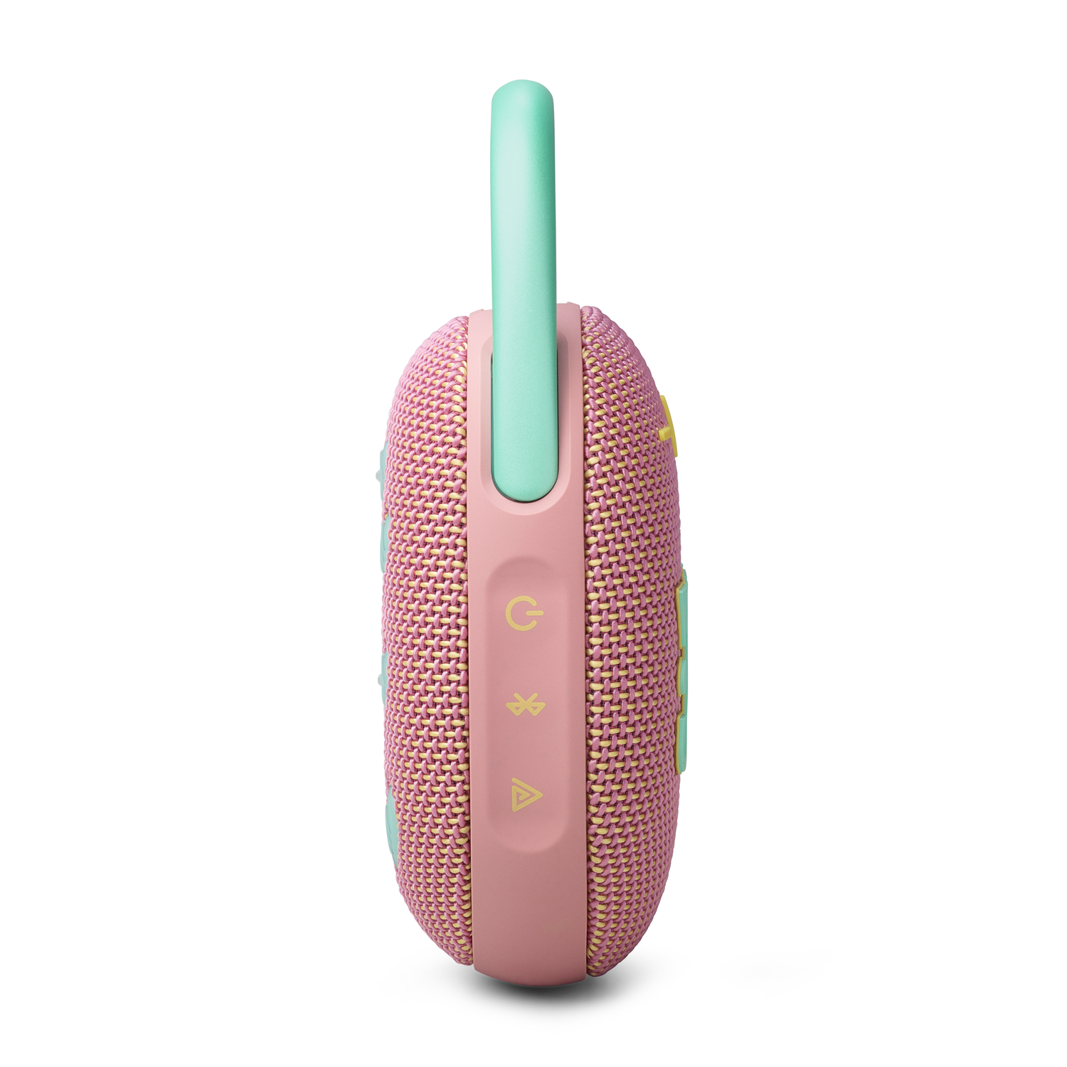 Pink and teal speaker. Side view, with power, bluetooth and volume control buttons.