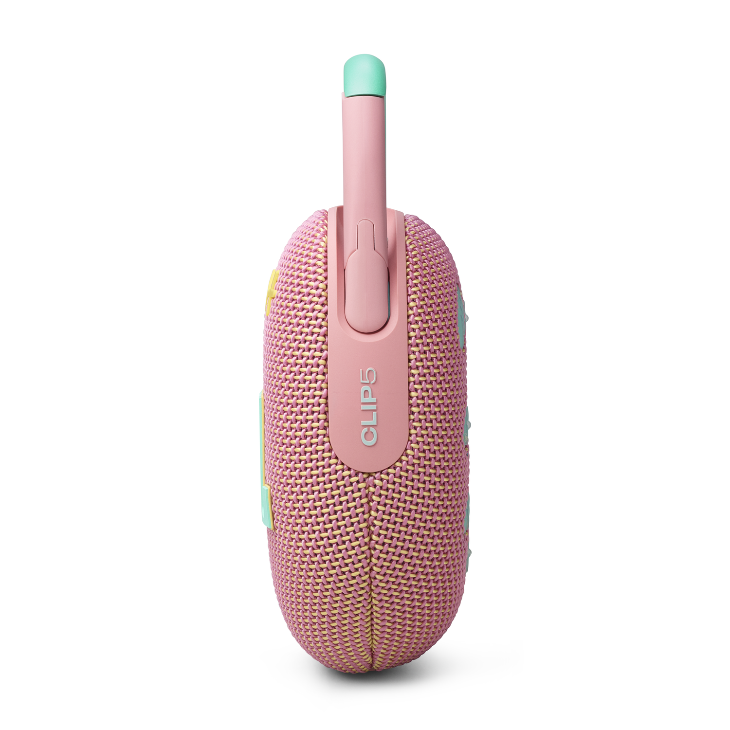 Pink JBL Clip 5 speaker, side view. Features a loop, buttons, and mint accents.