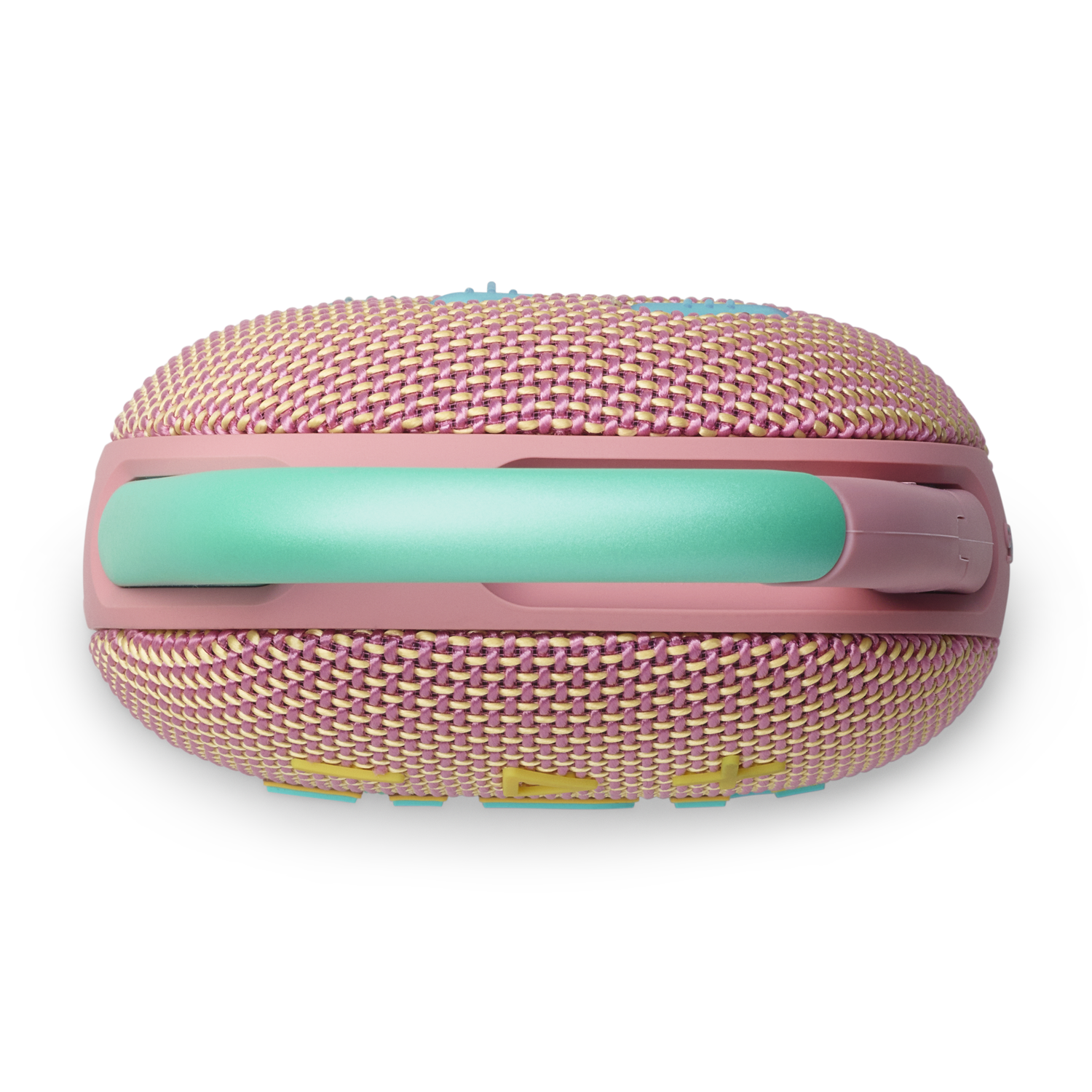 A pink and teal JBL speaker with a carrying handle.