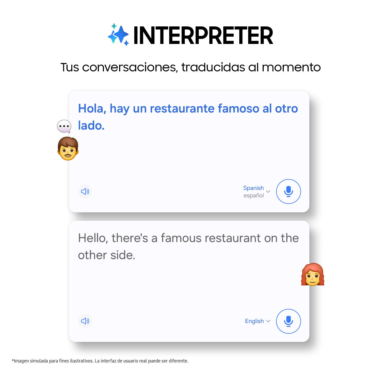 Captura de pantalla de una aplicación de traducción que muestra la traducción de español a inglés. Dos burbujas de diálogo.