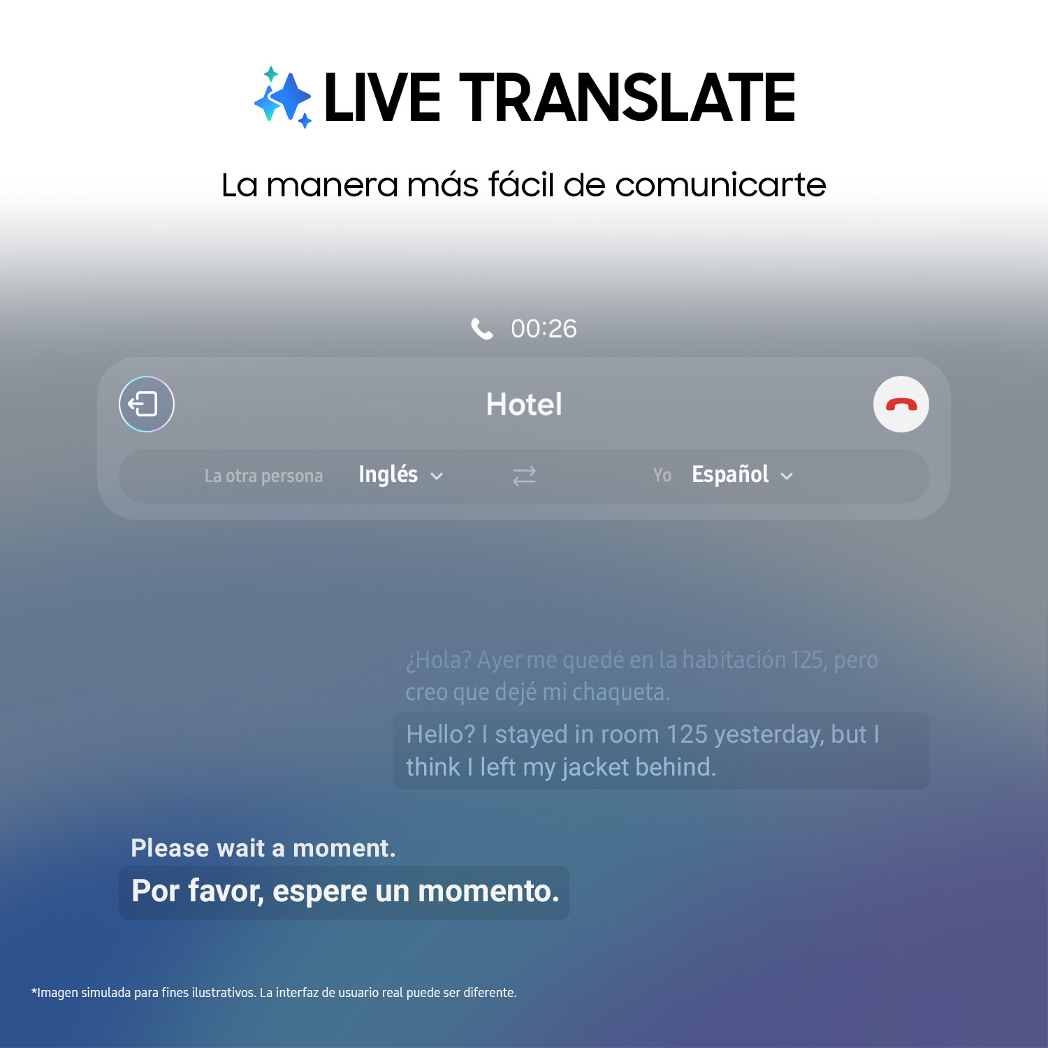 Pantalla de la app de intérprete. Muestra una frase en español traducida a inglés, con emojis.
