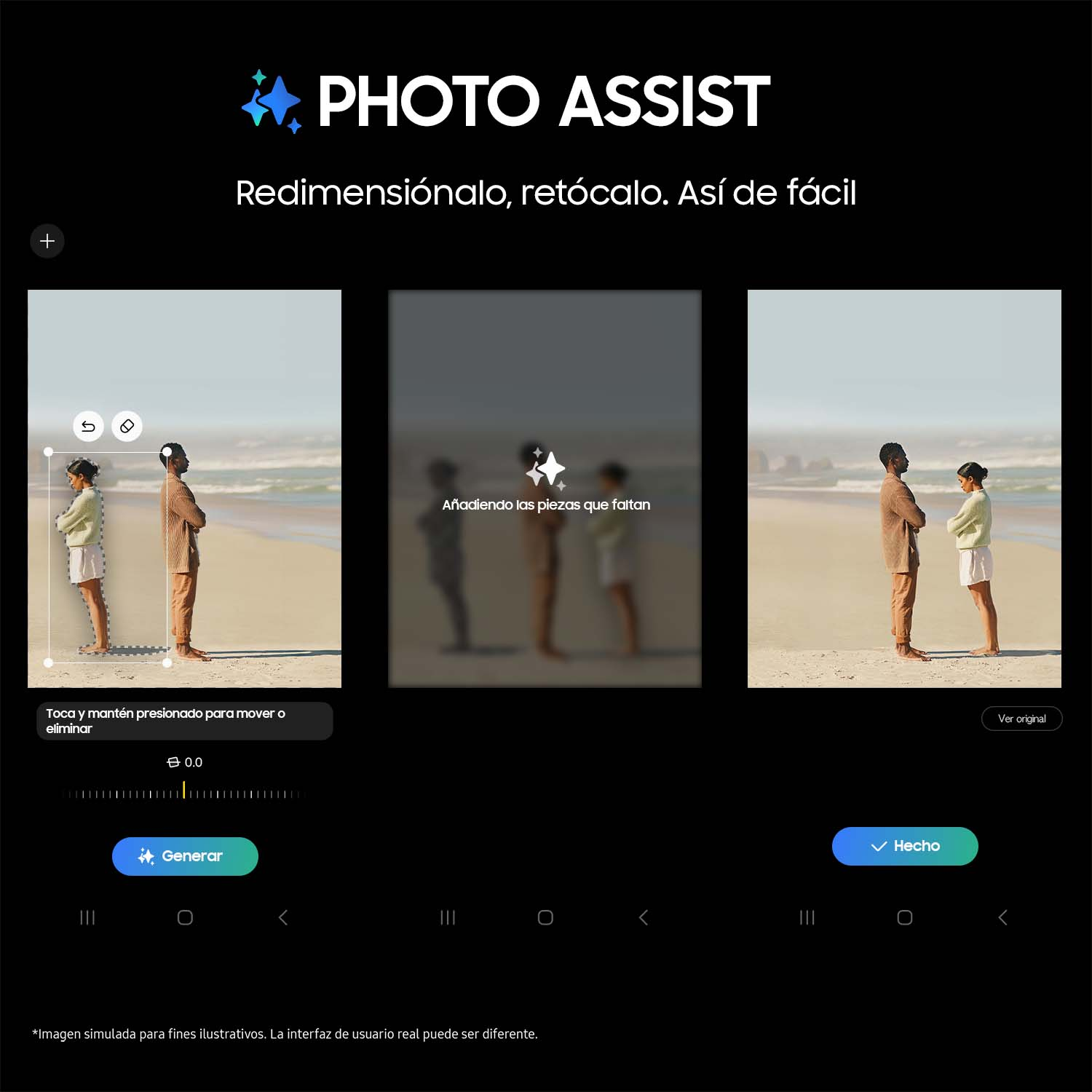 Interfaz de la aplicación de edición de fotos que muestra tres imágenes, con opciones para editar y generar.