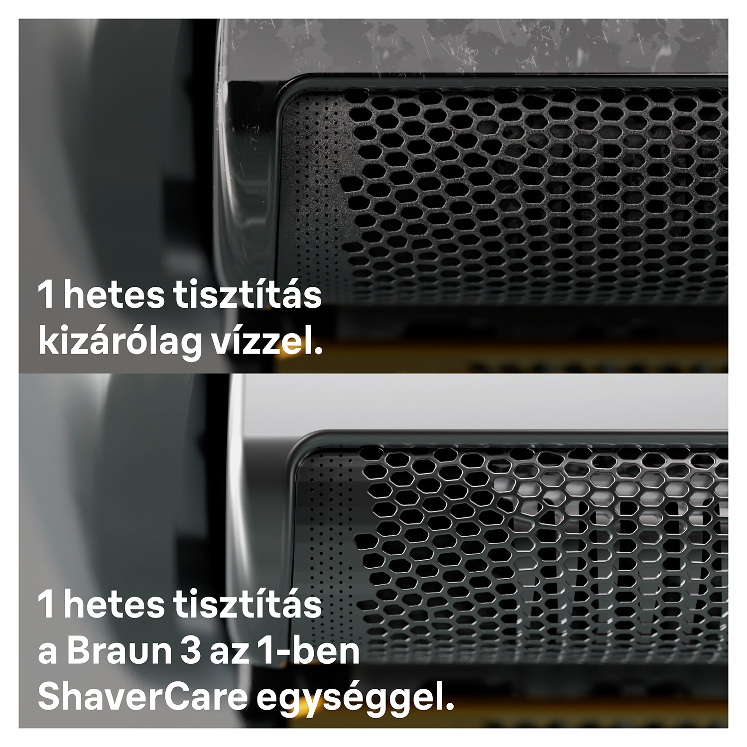 Két kép, amely összehasonlítja a borotva tisztaságát egy hét után, víz használatával a ShaverCare egységgel szemben.
