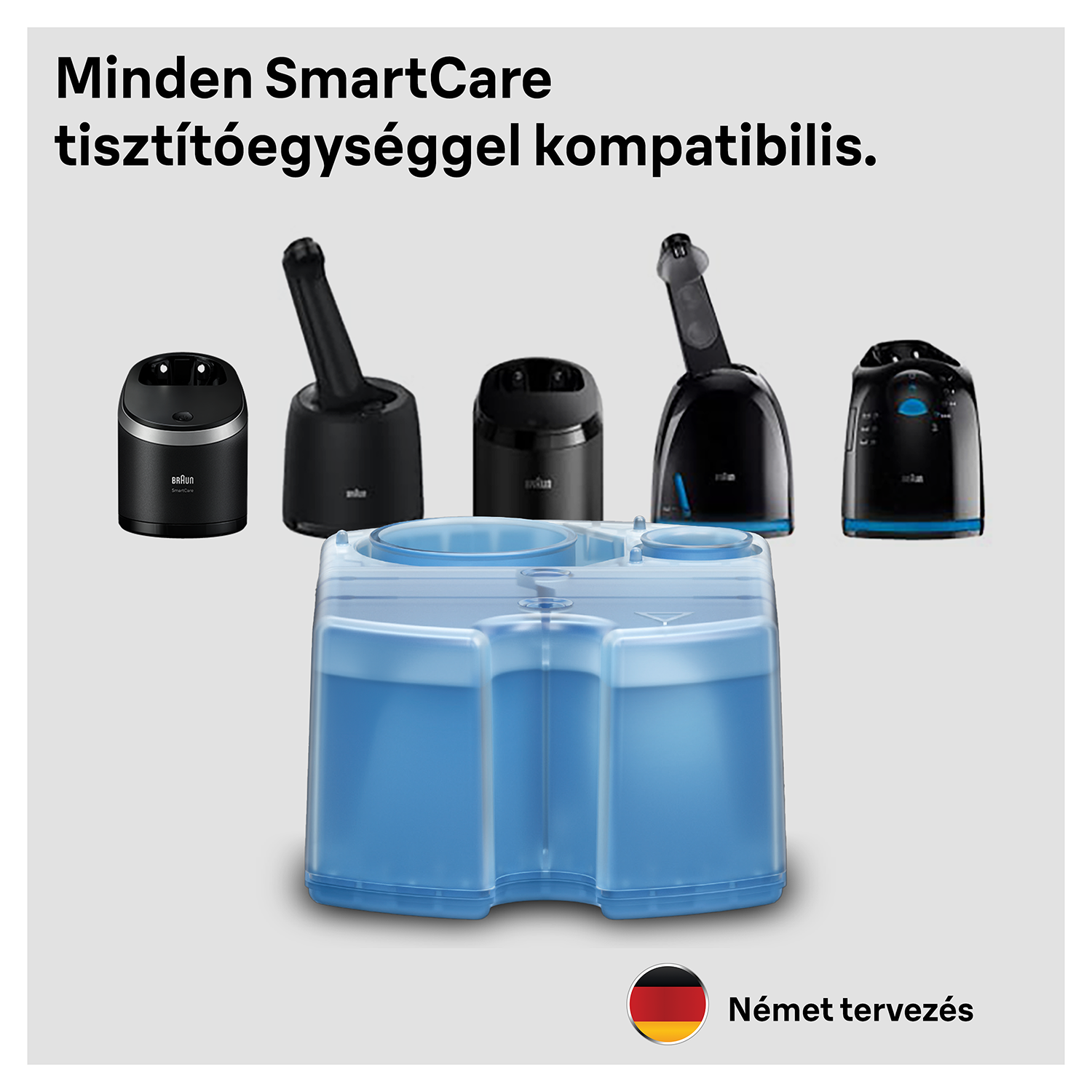 Braun SmartCare tisztítókészülékek és egy kék tisztítószer tartály gyűjteménye.